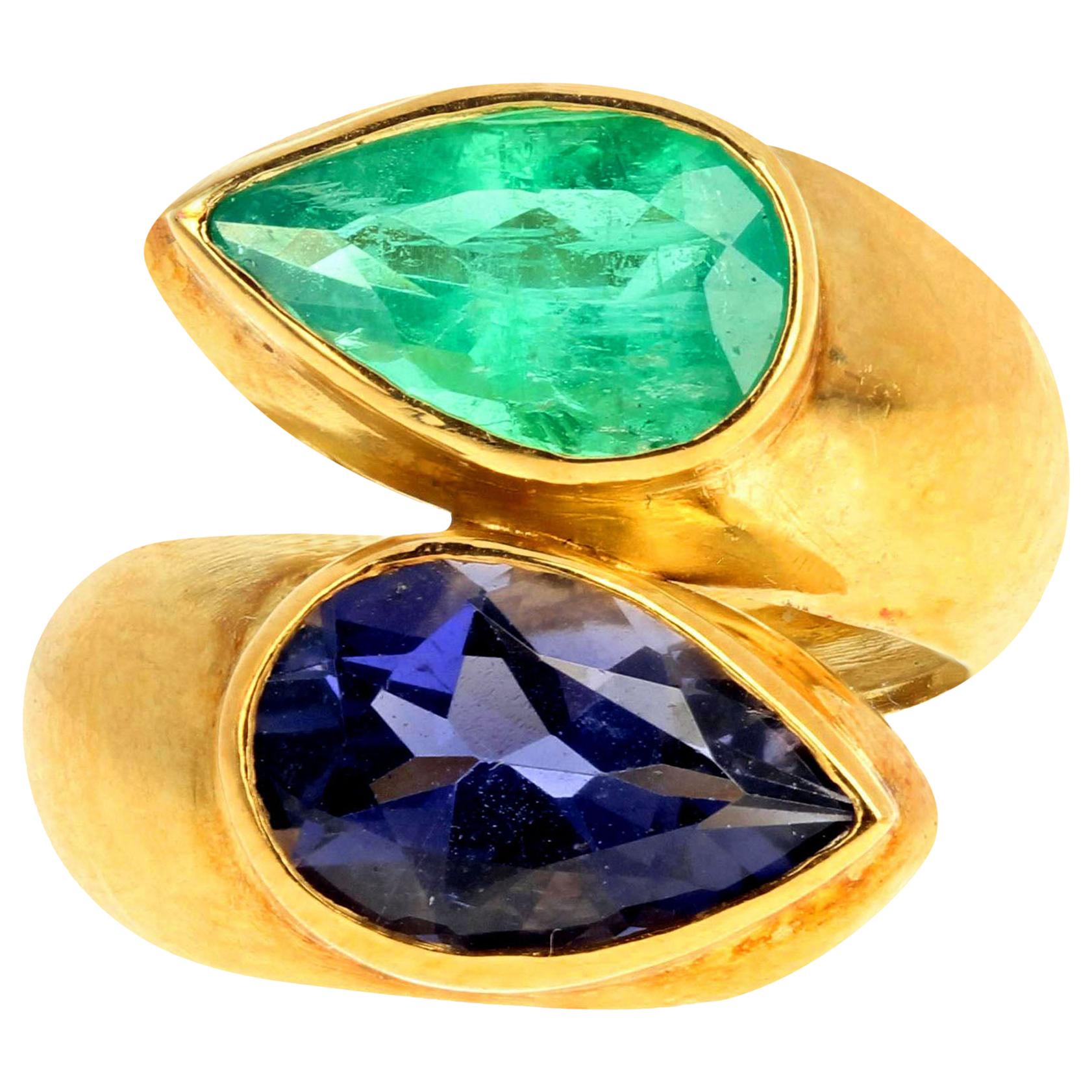 AJD Set of 2.3Ct Iolite & 2Ct Green Emerald Ring + 4.5Cts Emerald Earrings