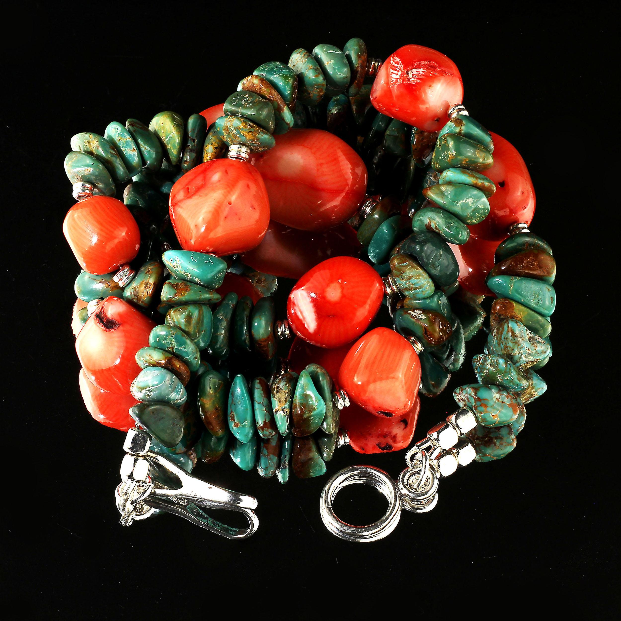 Wear this great looking Turquoise and highly polished Coral nugget necklace with jeans and tee or cocktail dresses. It's fun and funky. 19 inches and Sterling Silver hook and eye clasp. The peach tone of the bamboo Coral is perfect for Summer and