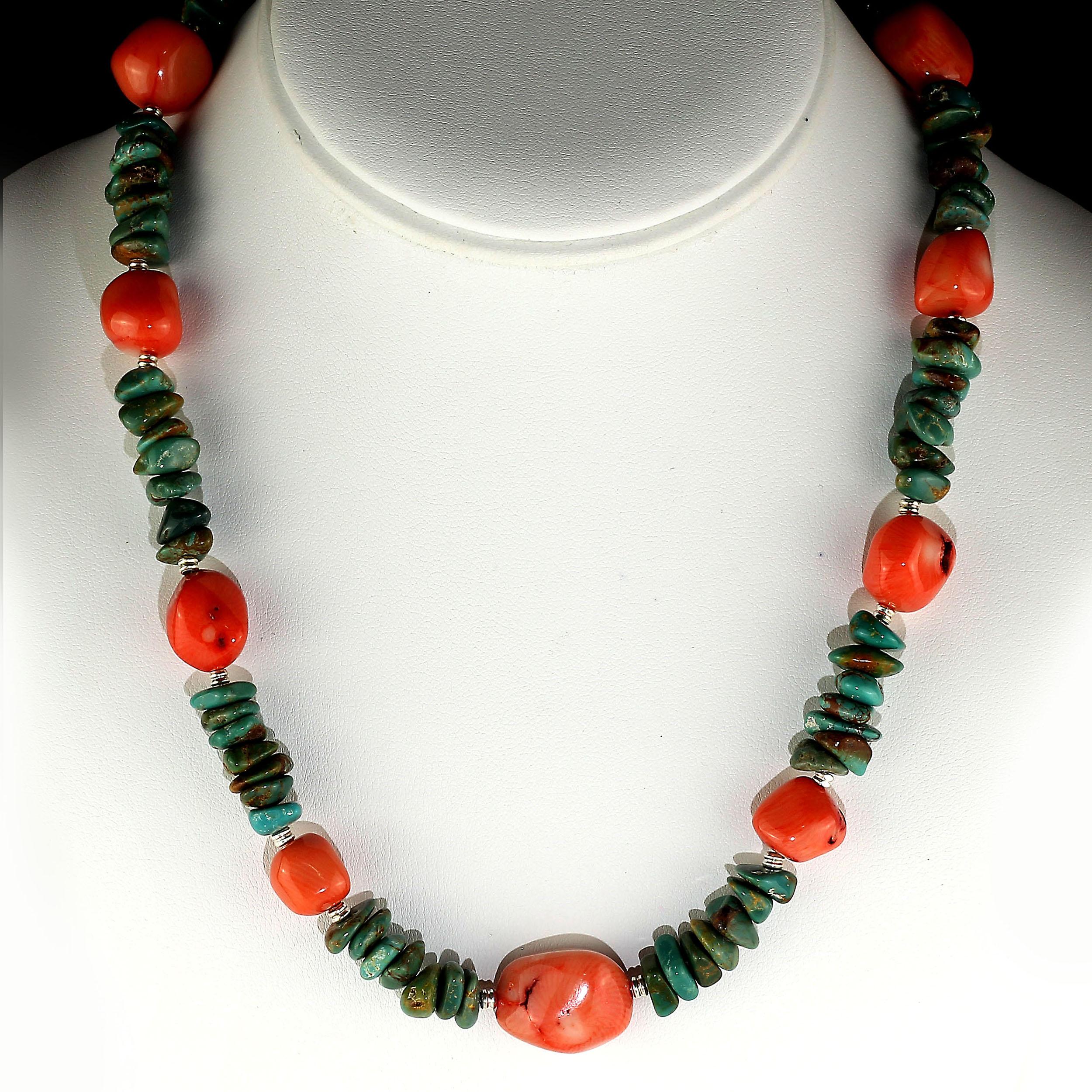AJD Southwest Style 19 Inch Turquoise and Peach Coral Necklace  Great Gift!! In New Condition In Raleigh, NC