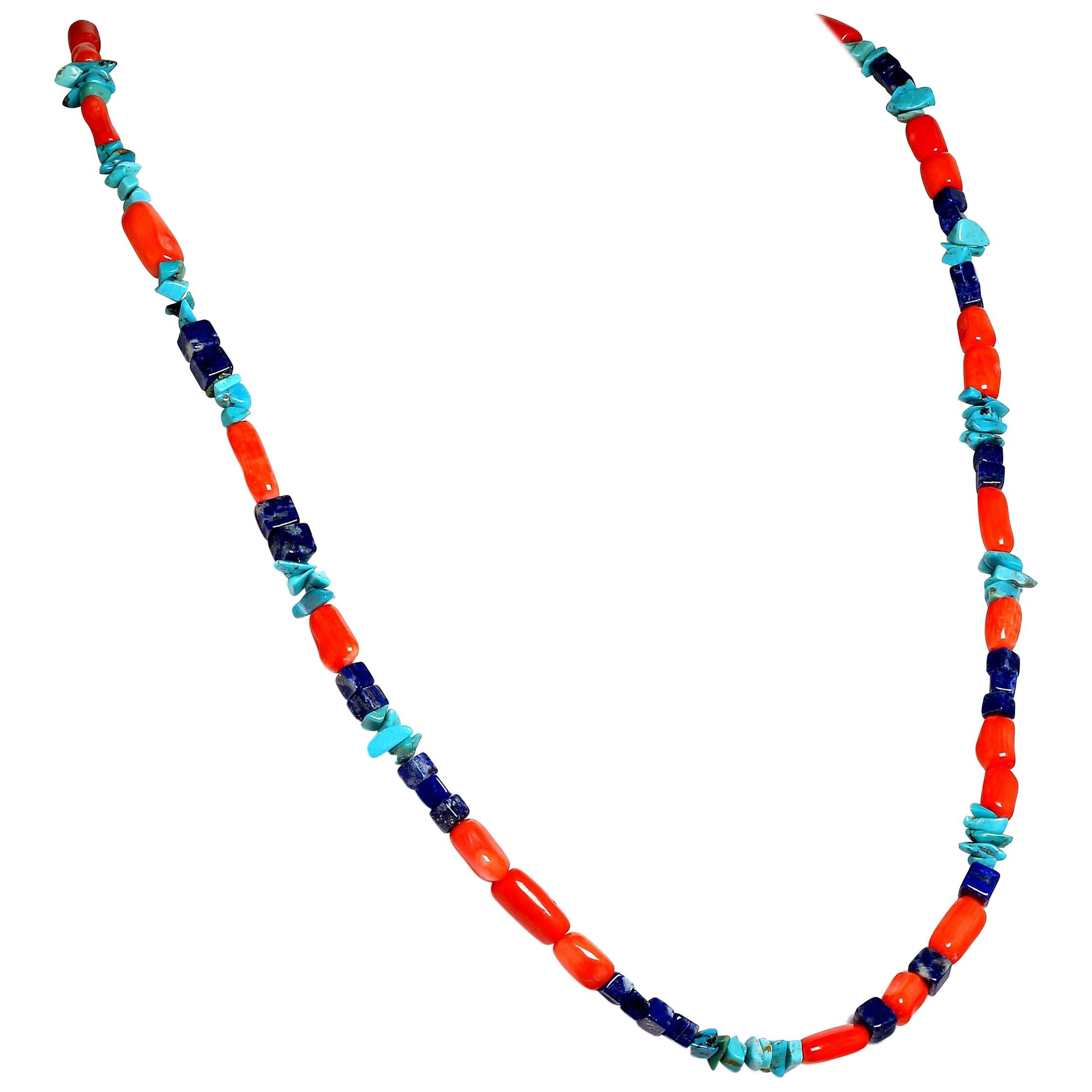 Gemjunky Southwest Style Necklace of Coral, Lapis, and Turquoise