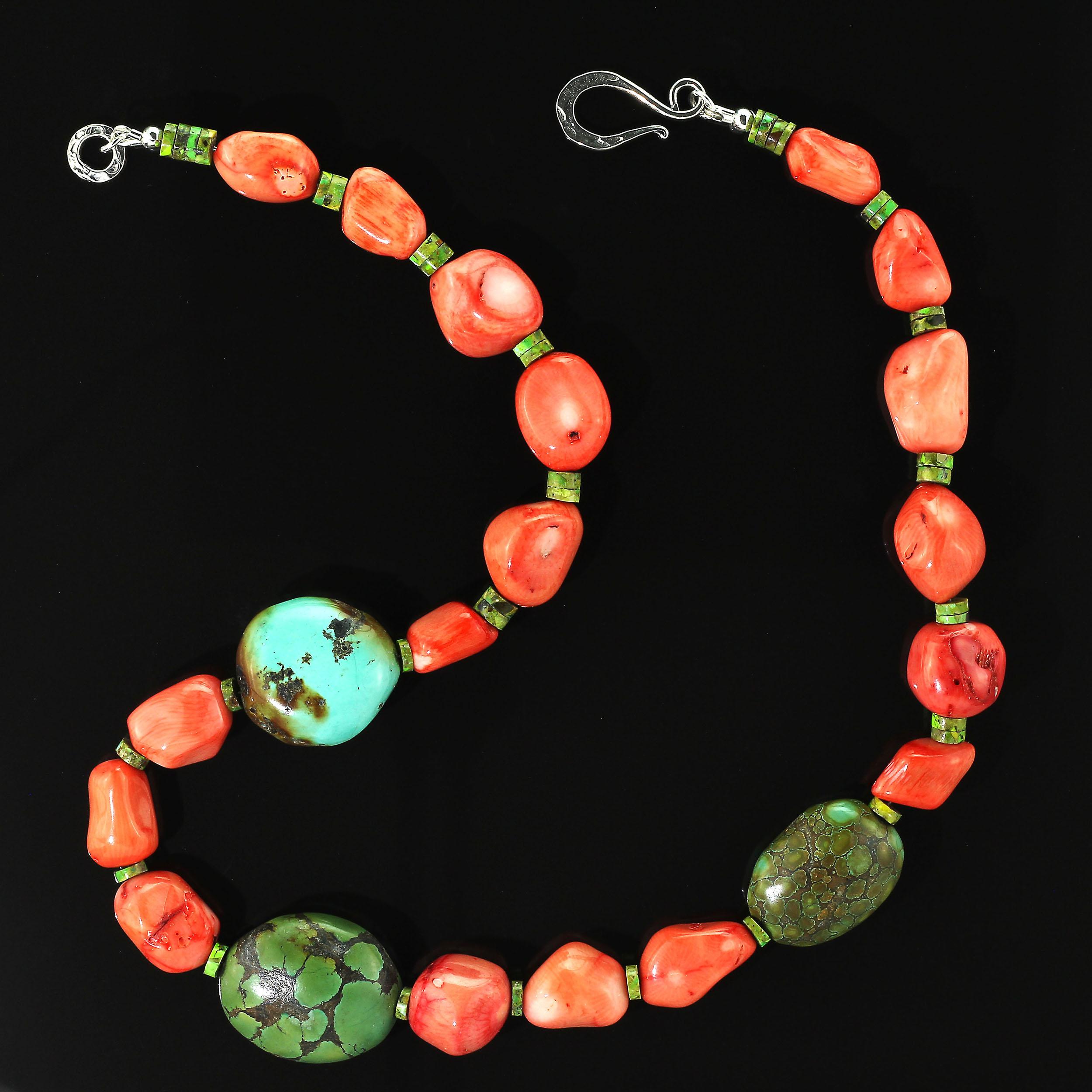 Bead Gemjunky Southwest Style Peach Coral and Hubei Turquoise Necklace