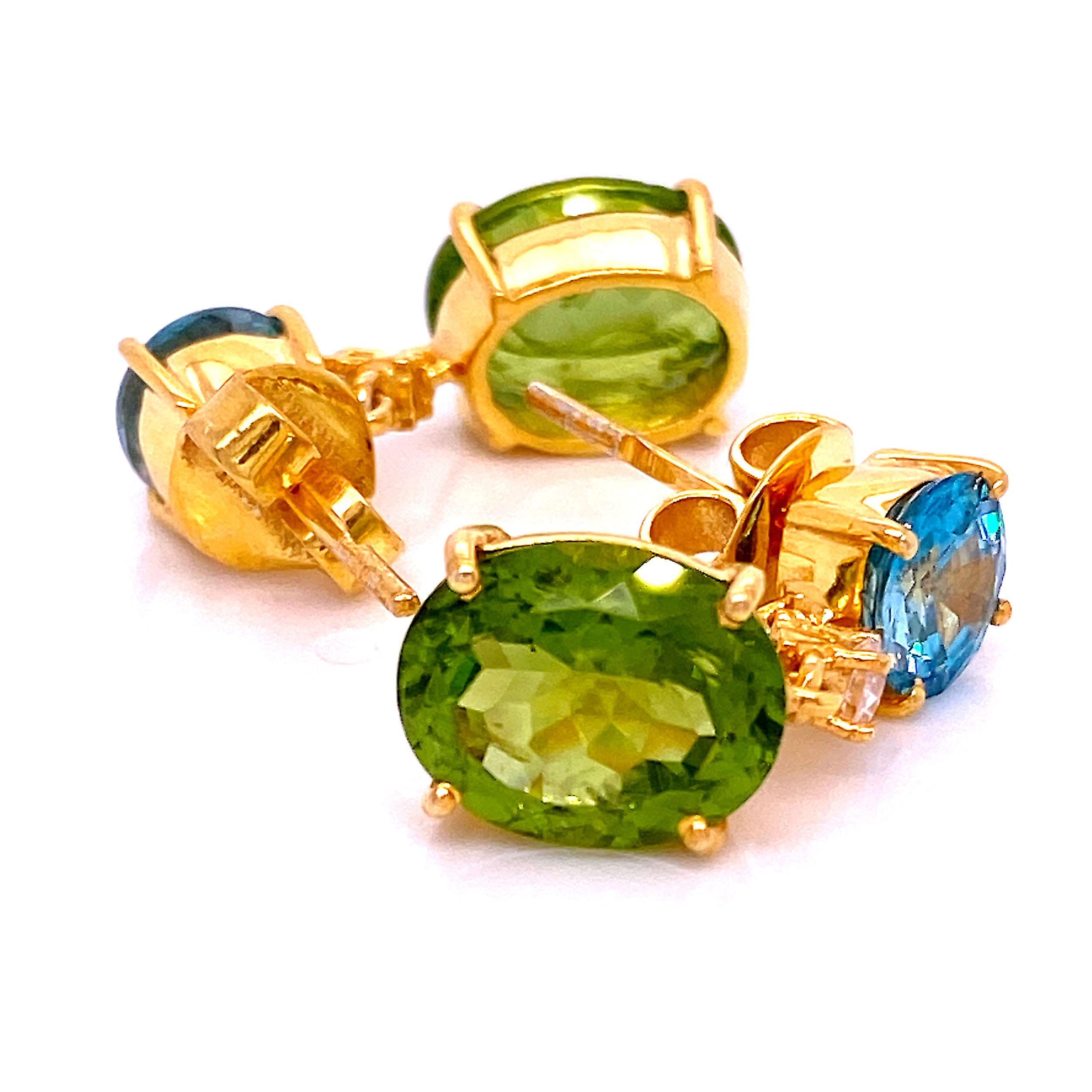 Women's or Men's AJD Sparkling Blue Zircon and Green Peridot Earrings