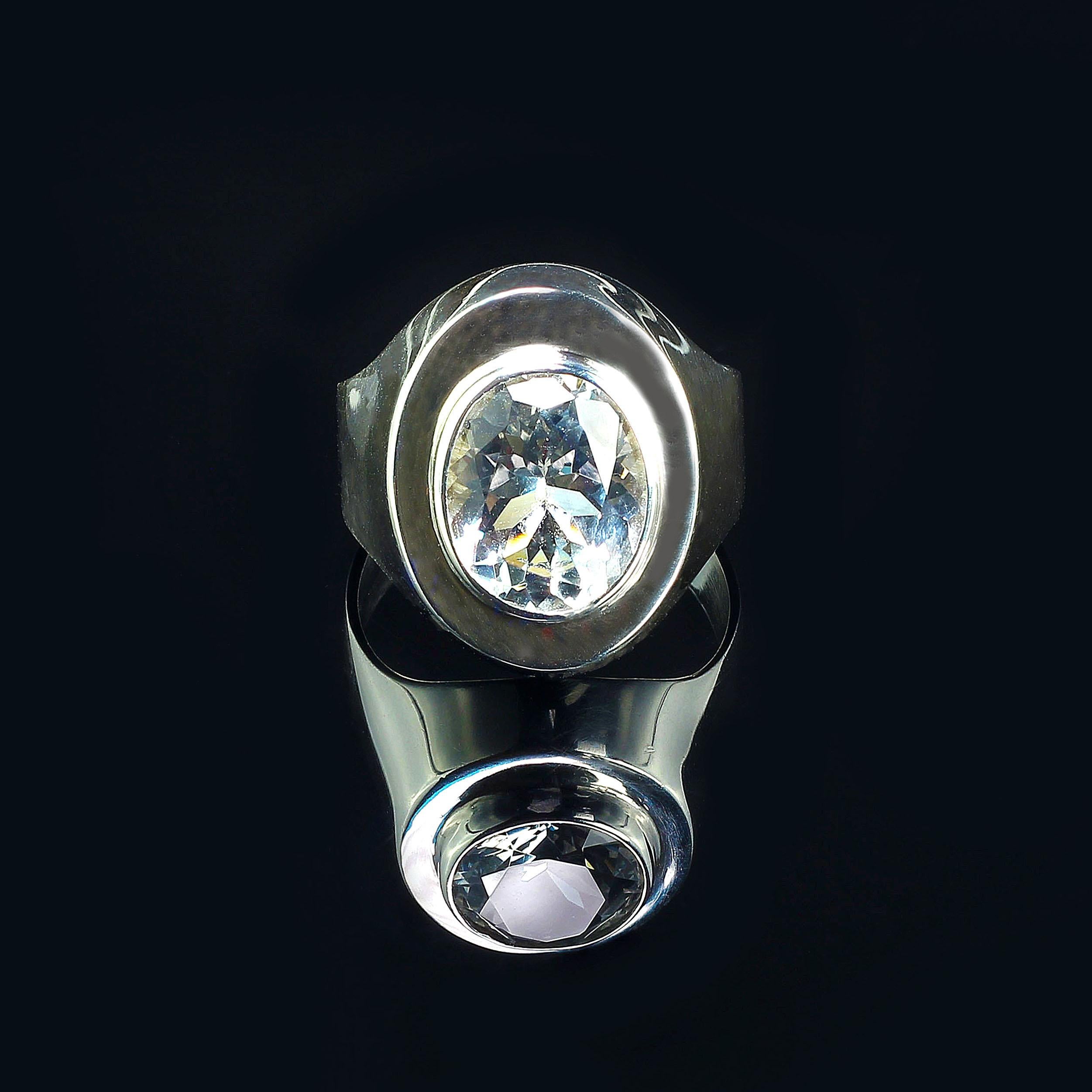 Oval Cut AJD Sterling Silver Ring with Bezel Set Oval Silver Topaz For Sale