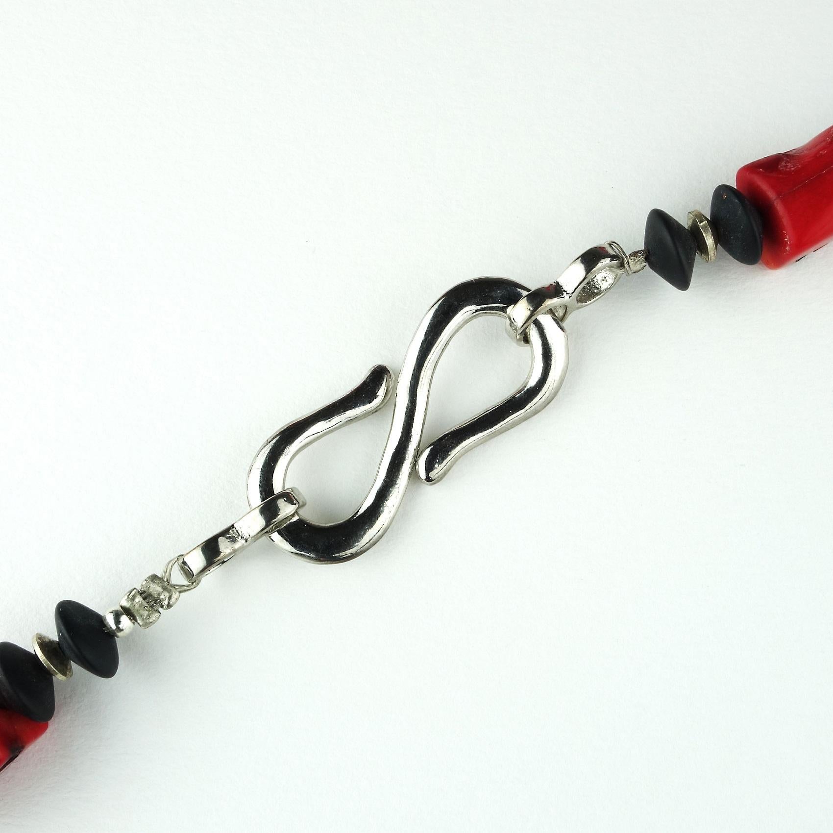 Artisan AJD Striking Necklace of Red Coral with Silver and Black Onyx Accents