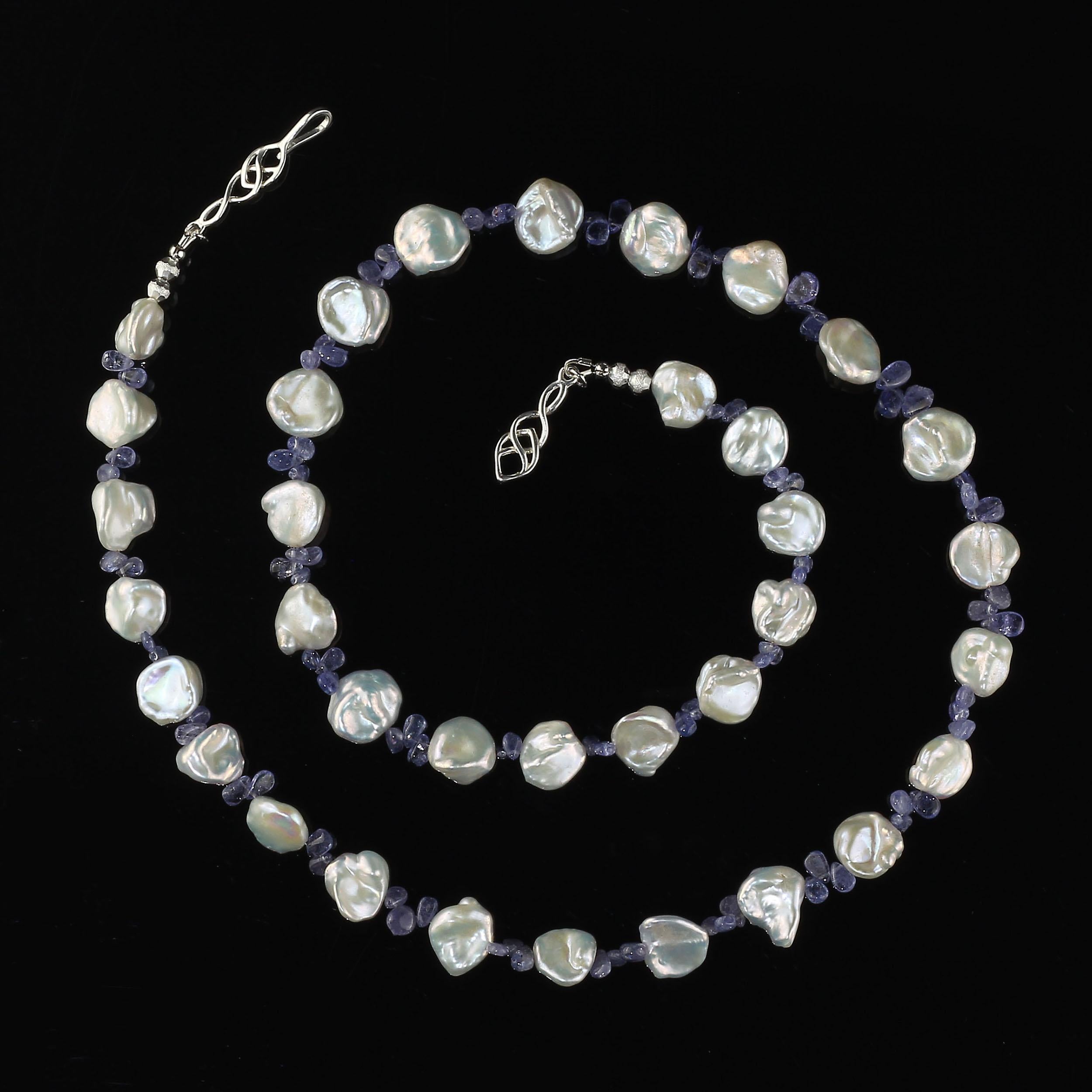 Artisan AJD 27 Inch White Keshi Pearls and Sparkling Tanzanite June Birthstone