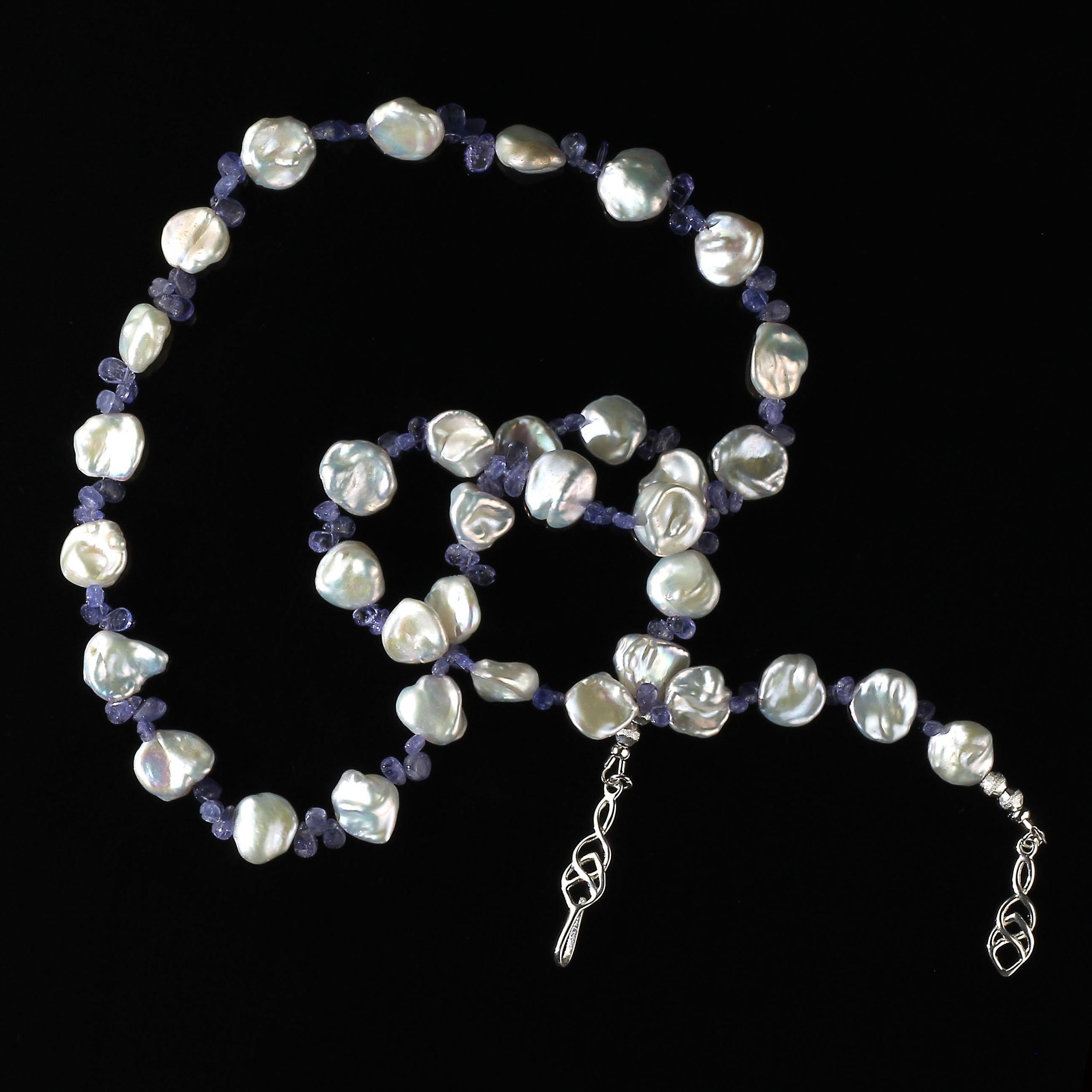 Bead AJD 27 Inch White Keshi Pearls and Sparkling Tanzanite June Birthstone