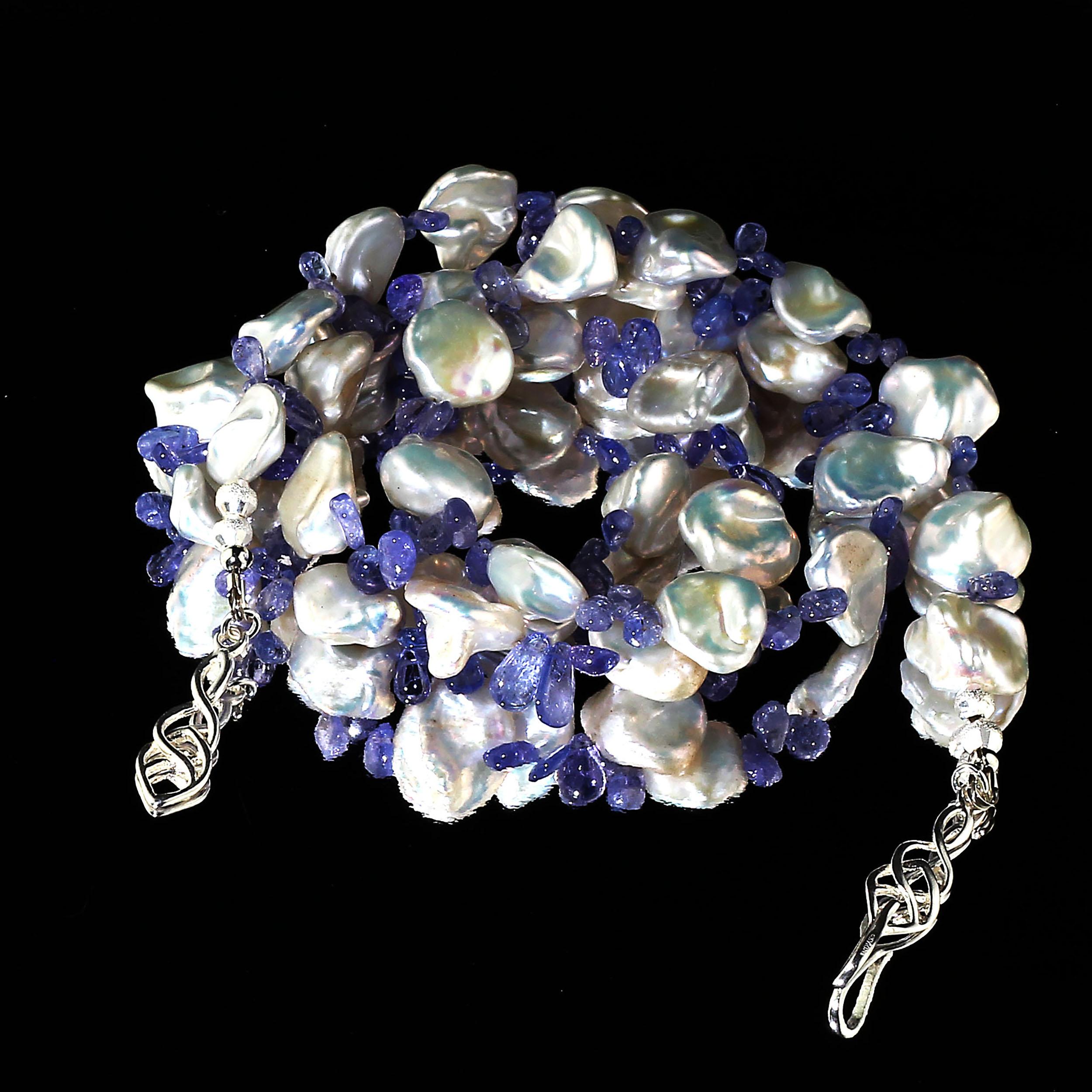 AJD 27 Inch White Keshi Pearls and Sparkling Tanzanite June Birthstone In New Condition In Raleigh, NC