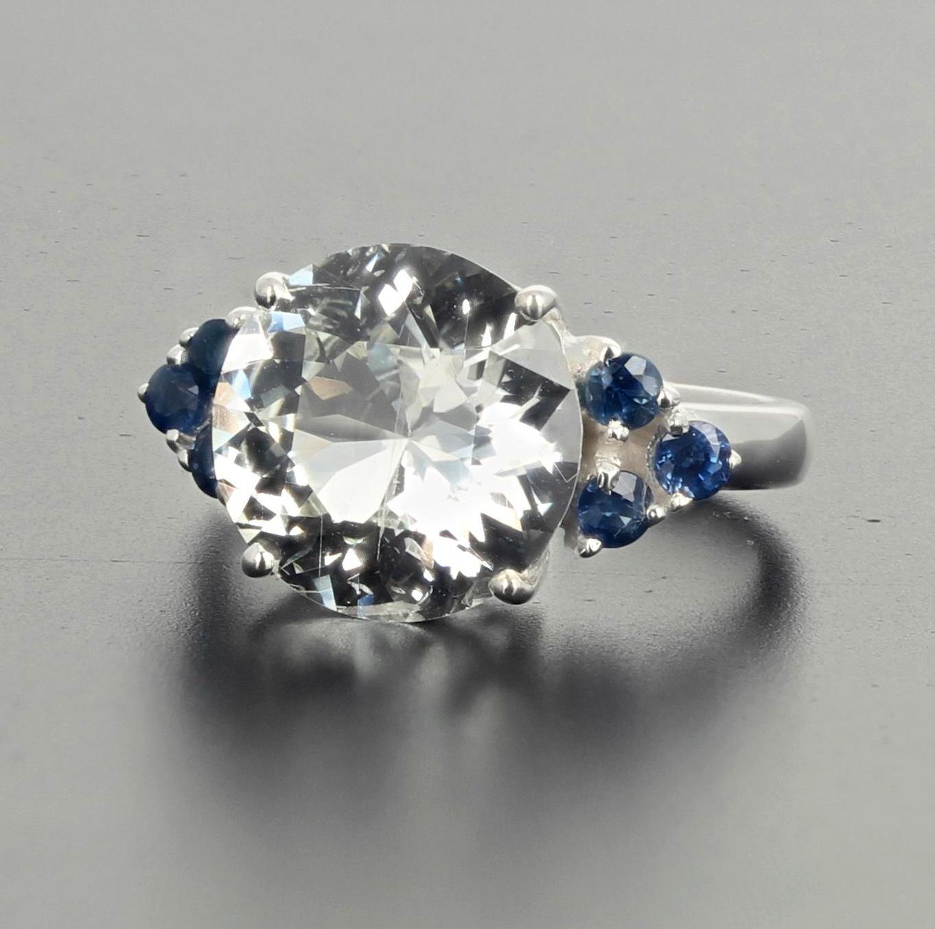 Round Cut Gemjunky Glittering 6.52 Carat Natural Fiery White Zircon & Blue Sapphires Ring