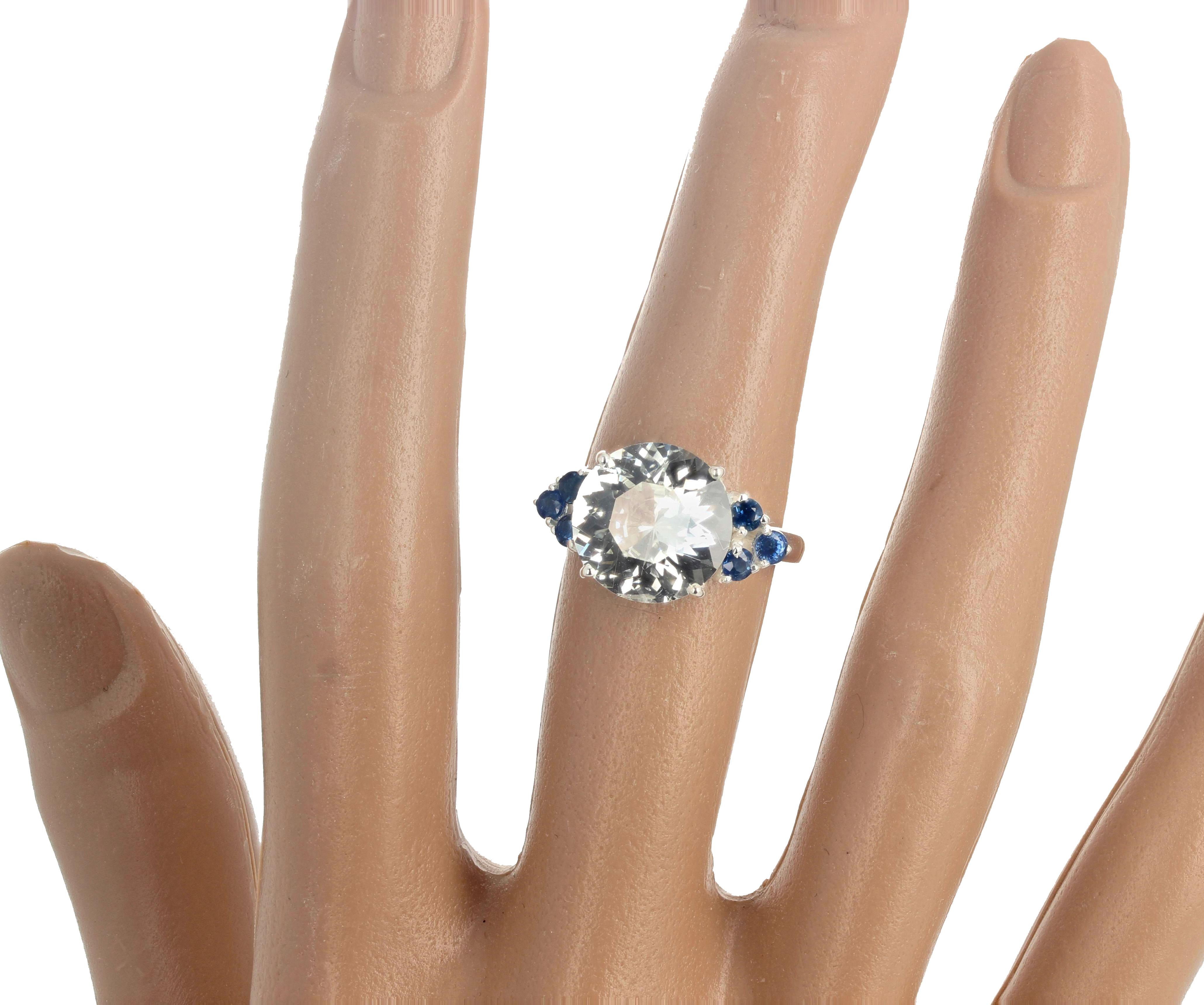 Women's or Men's Gemjunky Glittering 6.52 Carat Natural Fiery White Zircon & Blue Sapphires Ring