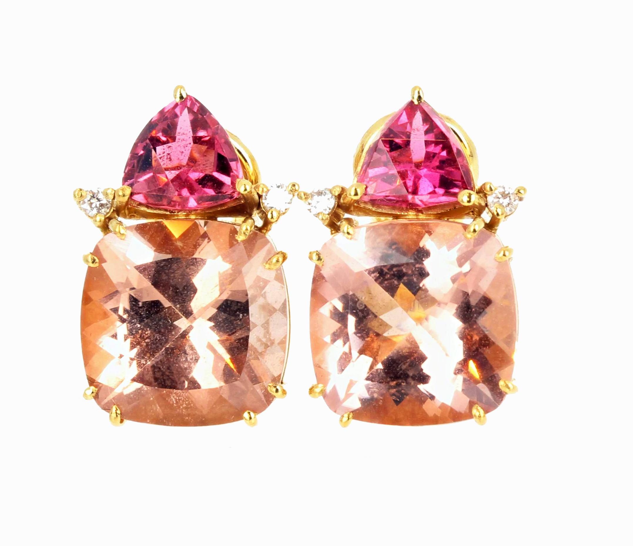 These earrings are truly elegant and are meant for all special occasions !  The largest gemstone is an approximately 8 carats natural blush pink Morganite.  The top gemstone is a trillion cut  is approximately 1.87 carats pink Tourmaline with two