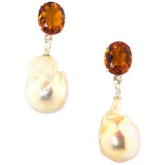 Gemjunky Superbly Elegant 6 Cts Citrines 
Drop Baroque Pearl Silver Earrings