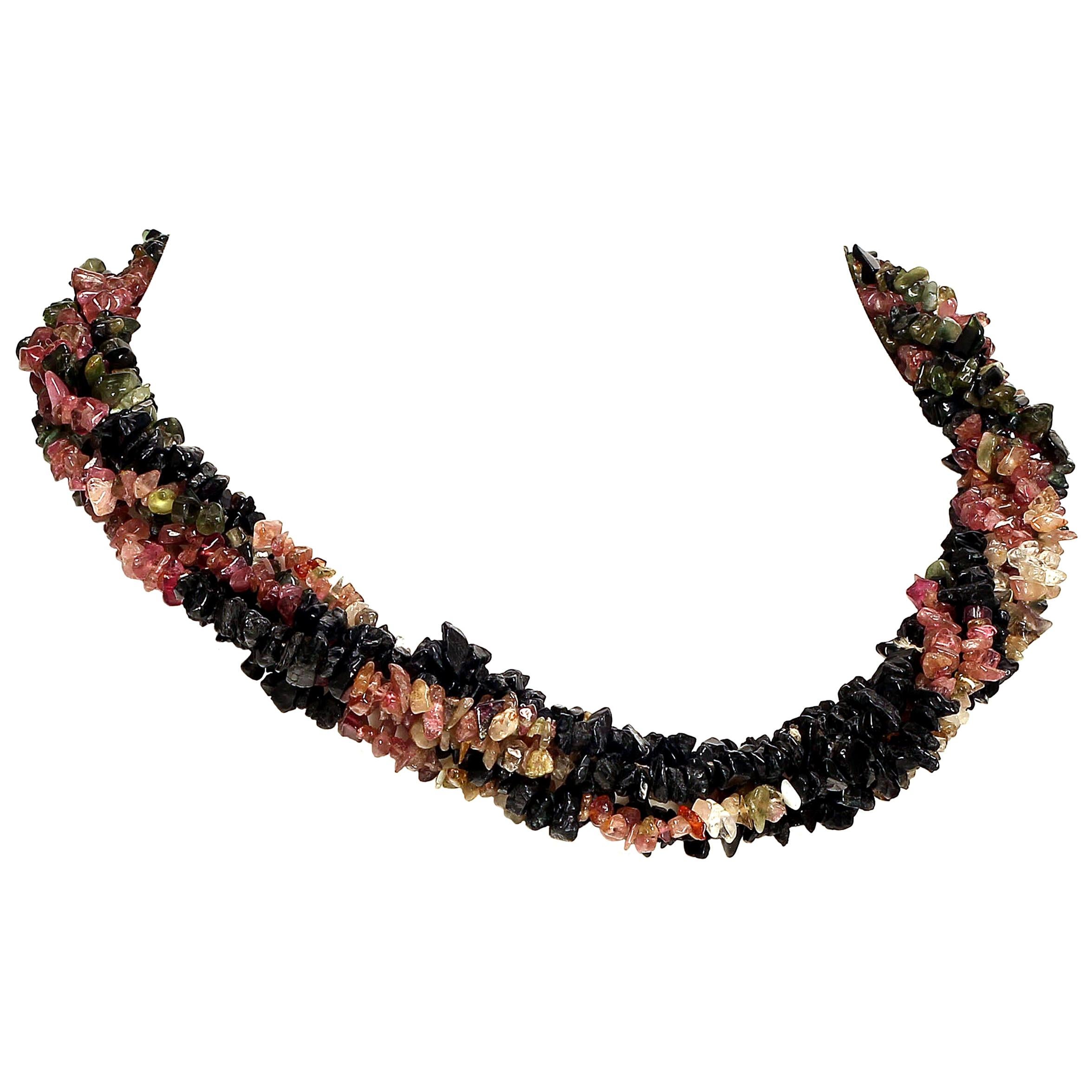 Continuous 34 inch multi color Tourmaline chips to wear in various ways. Collect these around your neck and wear them long, double and secure in back with the silver tone clasp, tie in front to create a spectacular focal, etc, etc. I'll leave it to