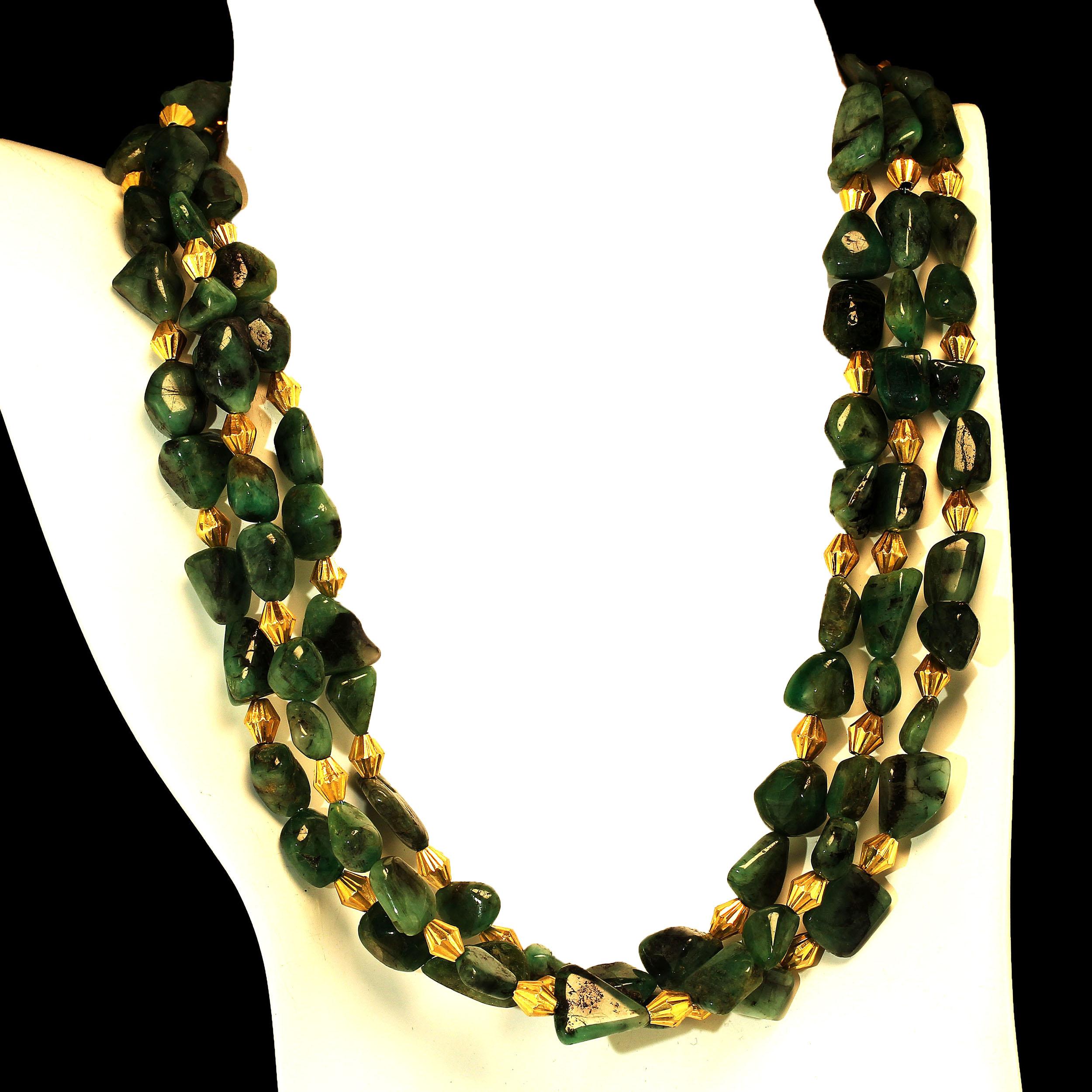 Artisan AJD 14 Inch Three-Strand Emerald Nugget Necklace with Goldy Accents  