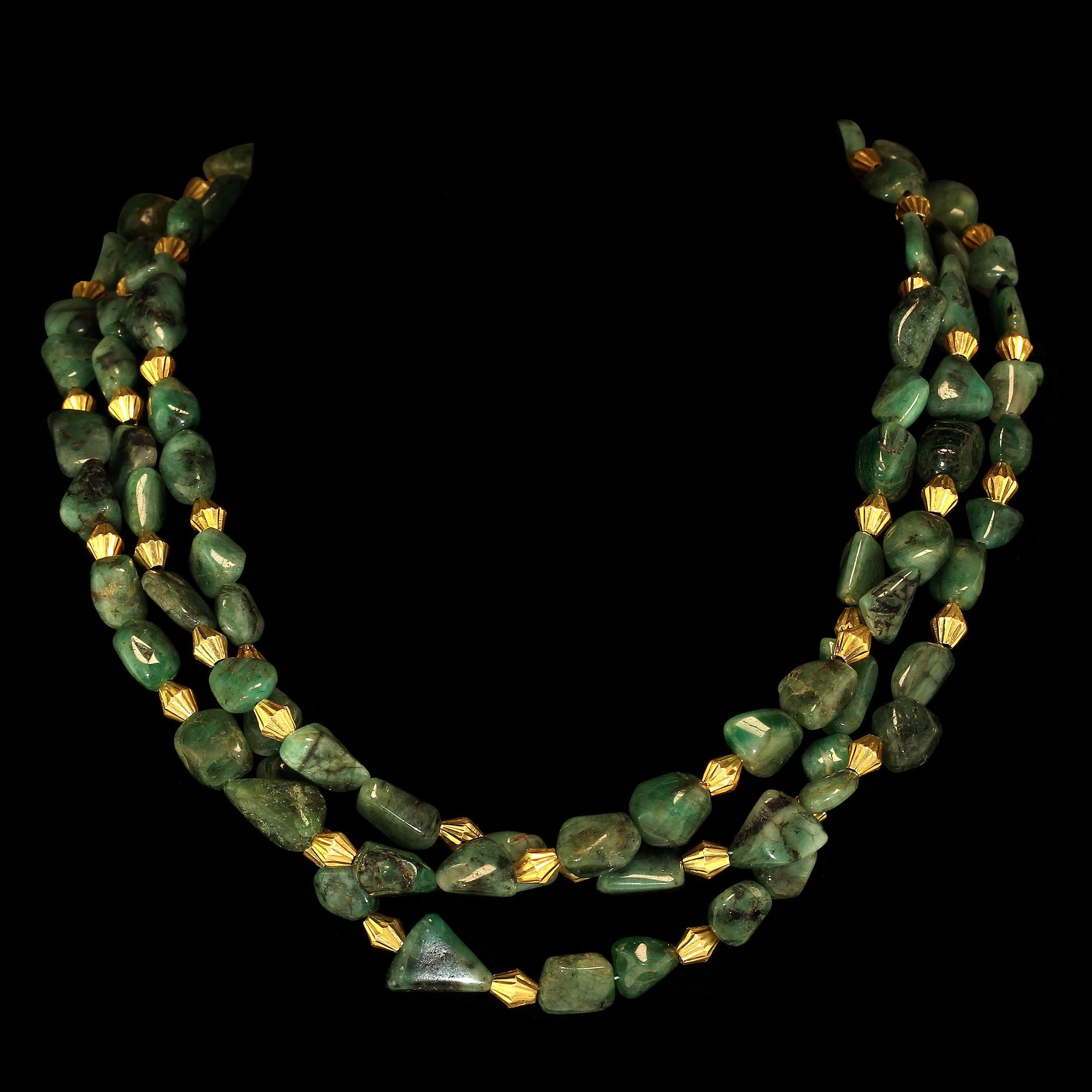 Bead AJD 14 Inch Three-Strand Emerald Nugget Necklace with Goldy Accents  