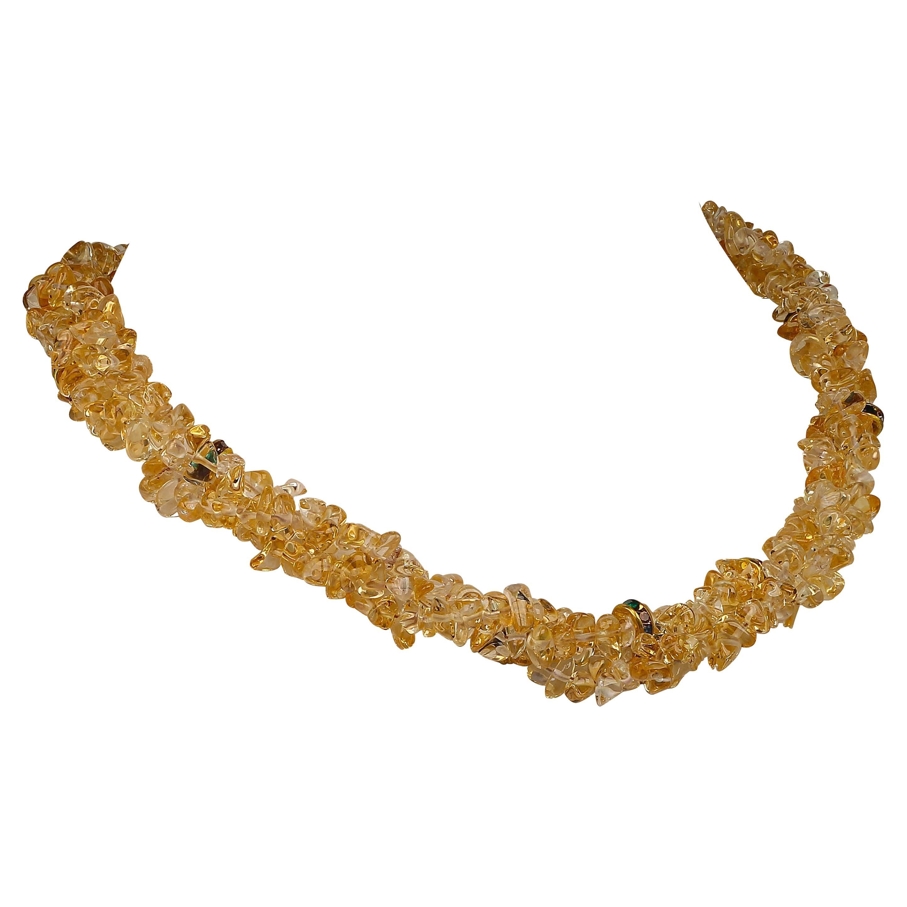 Custom made, triple strand necklace of highly polished golden Citrine chips interspersed with multicolored crystal rondelles. This unique 18 inch necklace is a fashion forward choker length at 18 inches which can be twisted tighter, smooth to the