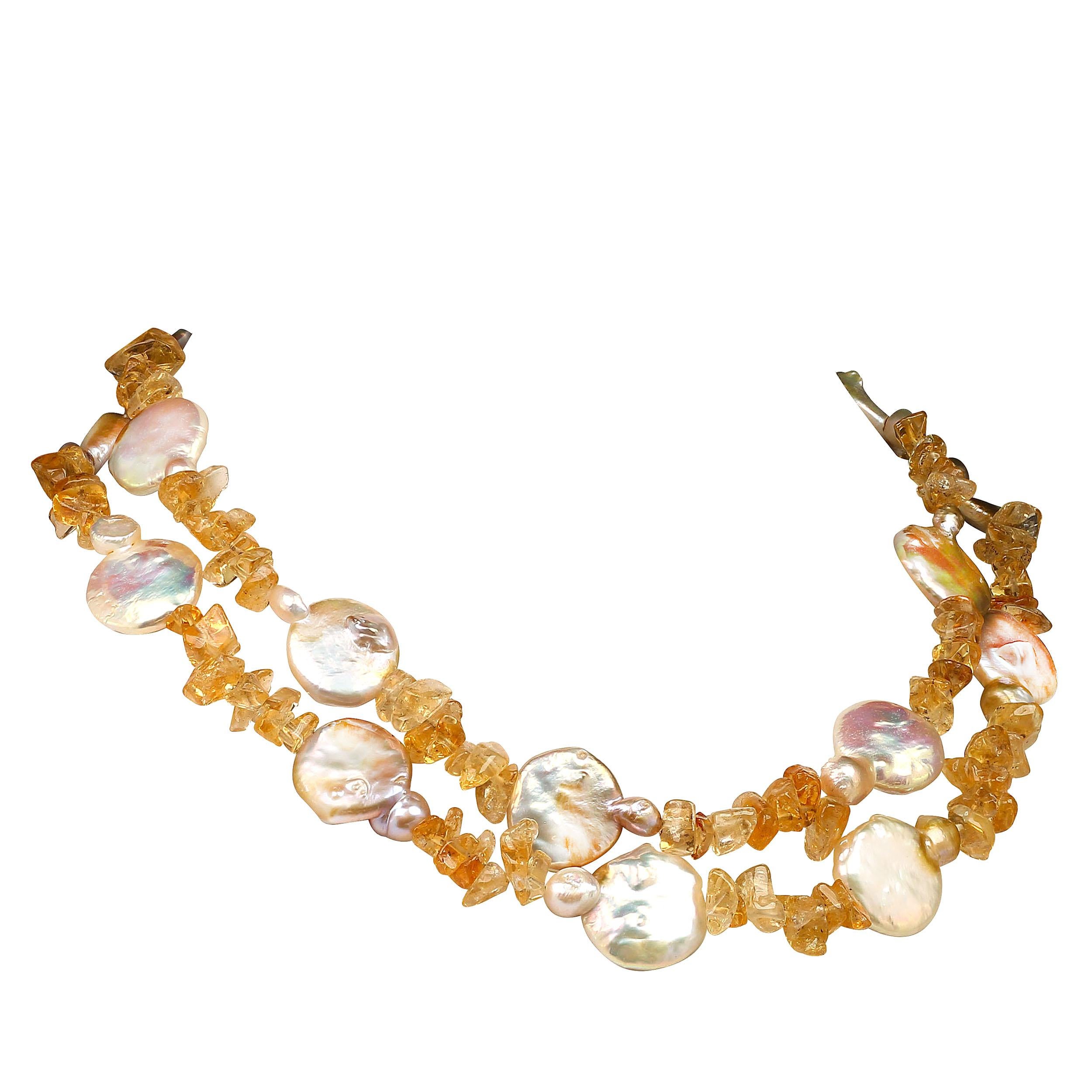 AJD 18 Inch Two strand Coin Pearl and Citrine Necklace