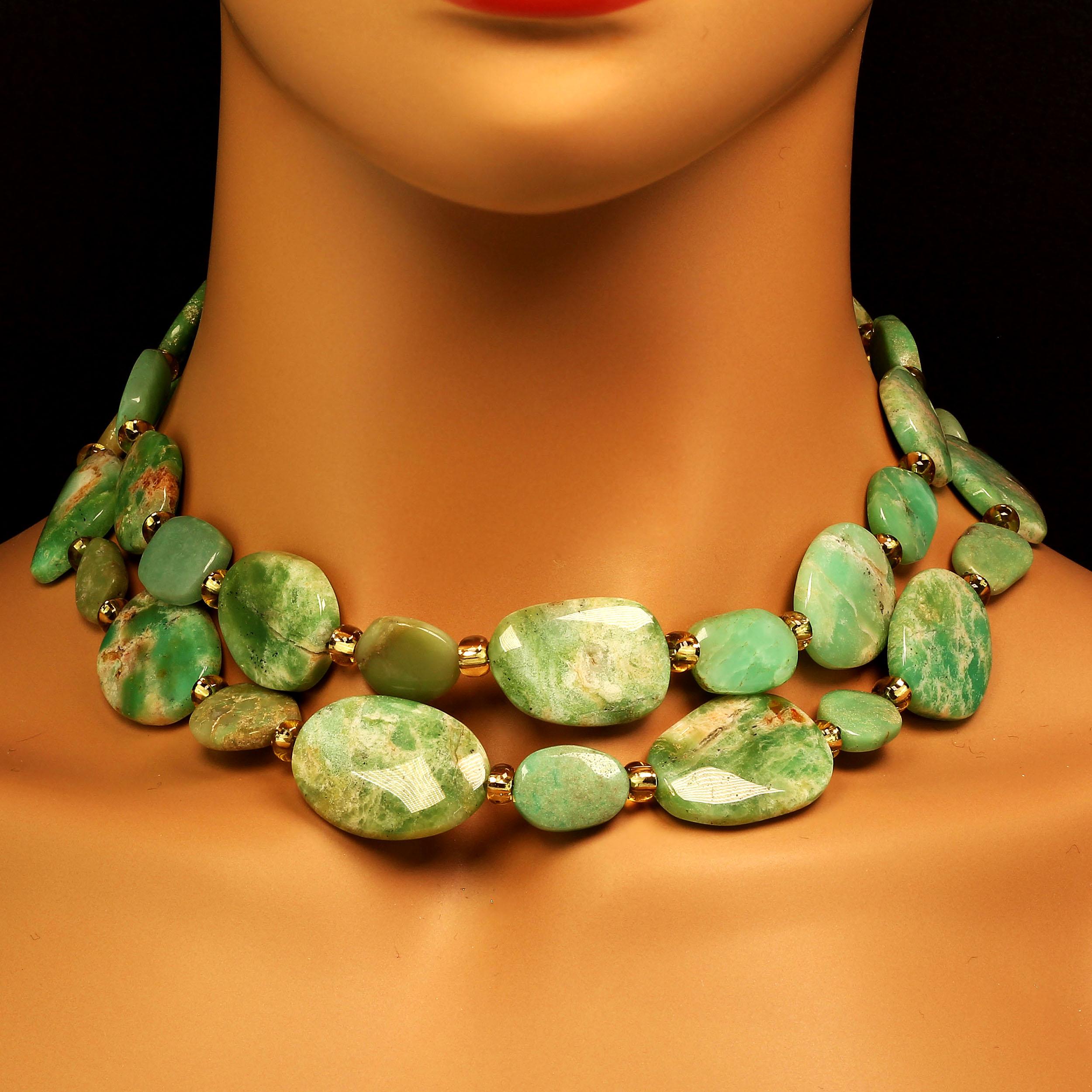 Artisan  Two-Strand Necklace of Flat Polished Chrysoprase Uneven Pieces