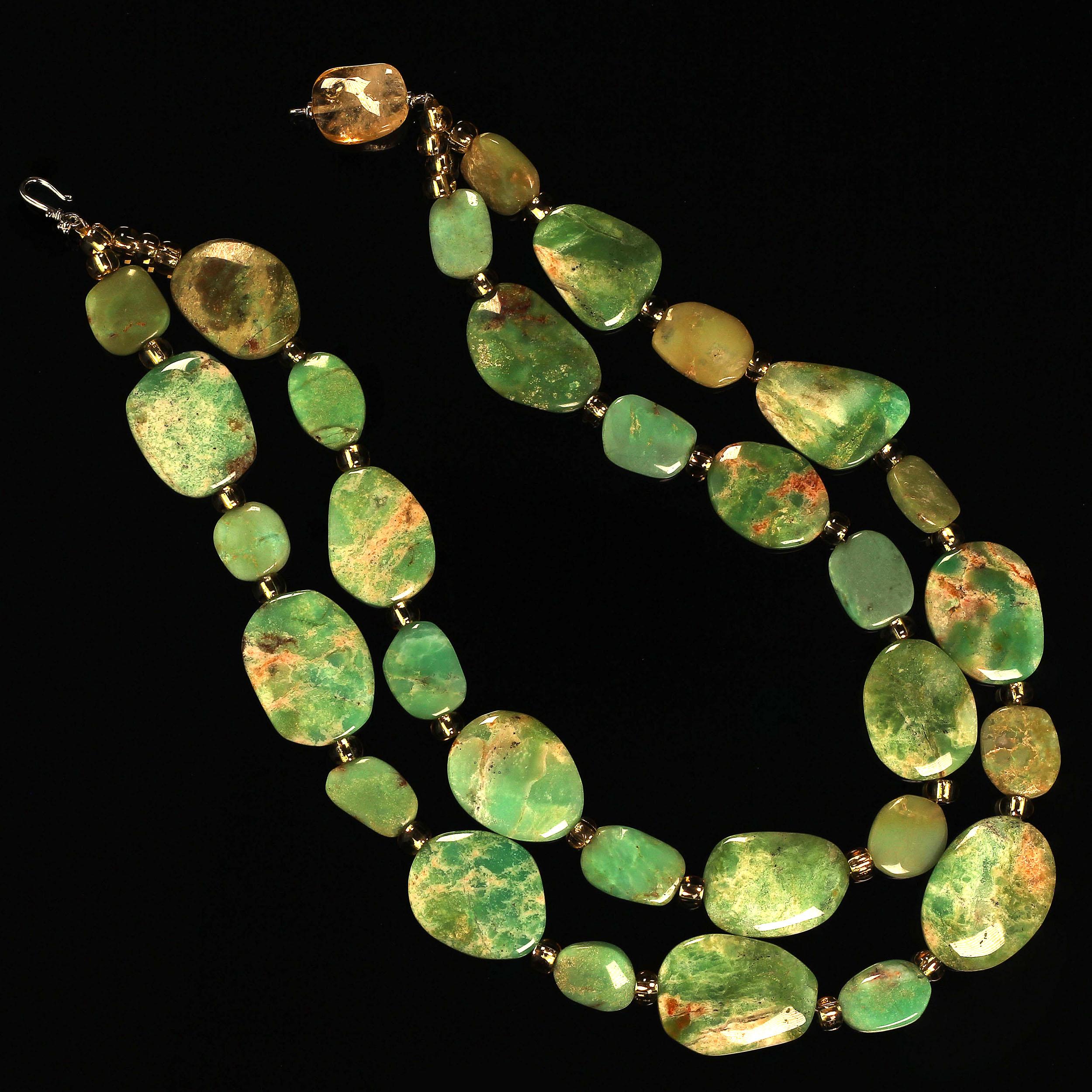 Bead  Two-Strand Necklace of Flat Polished Chrysoprase Uneven Pieces
