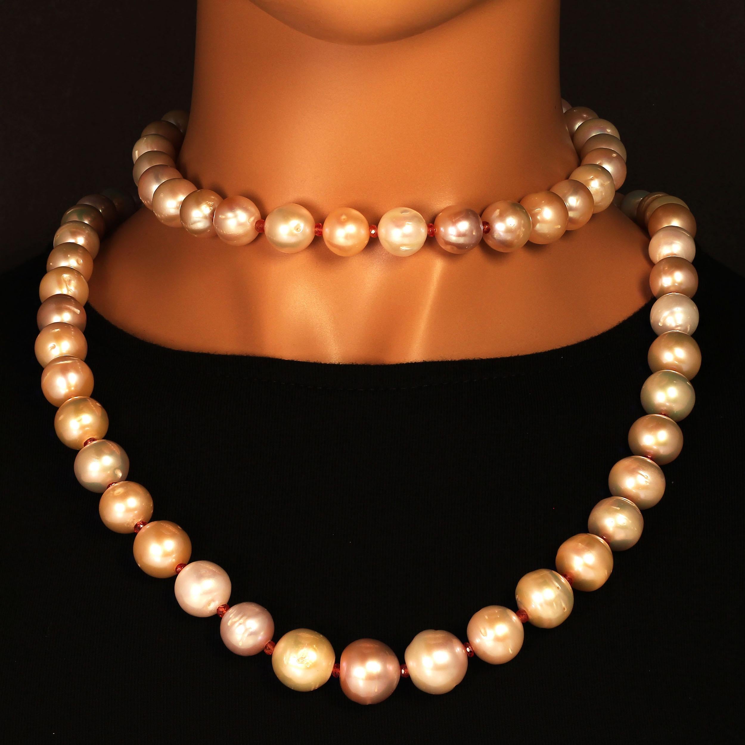 Bead Two Strand Necklace of Lustrous Peachy Pearls & Orange Sapphires June Birthstone