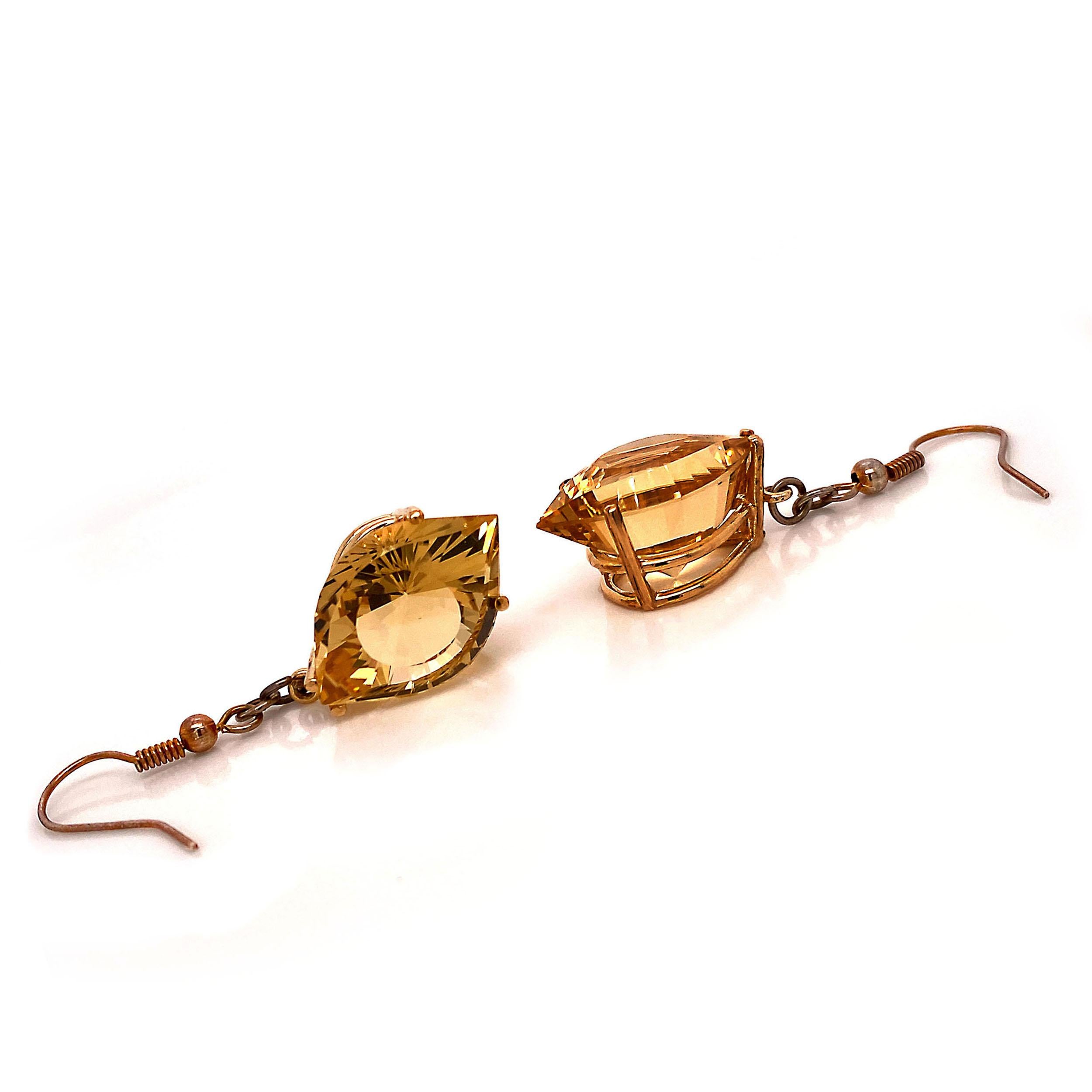 AJD Unique Fancy Cut Golden Citrine Earrings in 14 Karat Yellow Gold For Sale 10