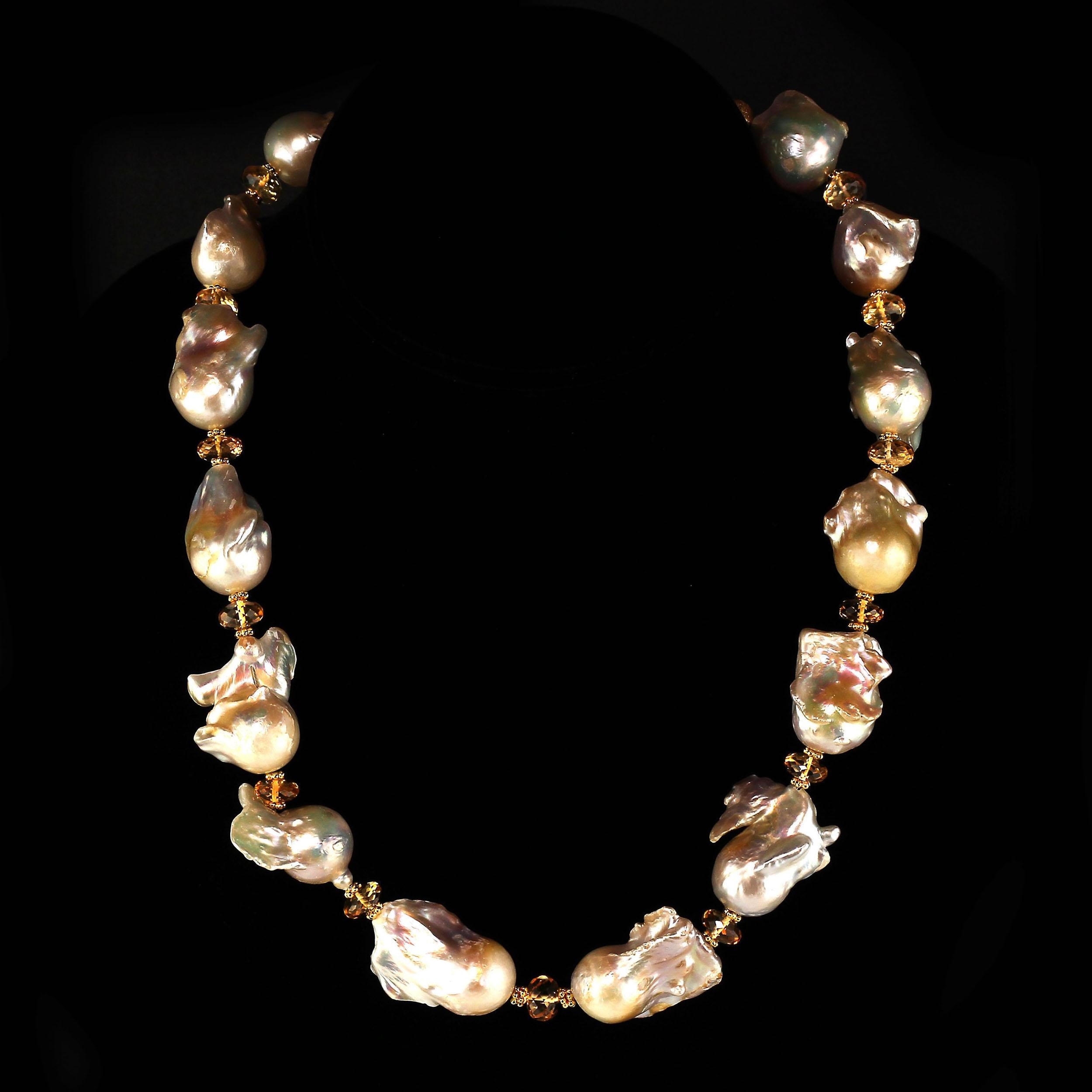 No grit no Pearl

Fireball Pearls are such fun to wear! Just look at those tails. This unique necklace is a showcase for Fireballs, their color is accented by the golden Citrines and gold (22K over copper) daisies. Wear this gorgeous necklace