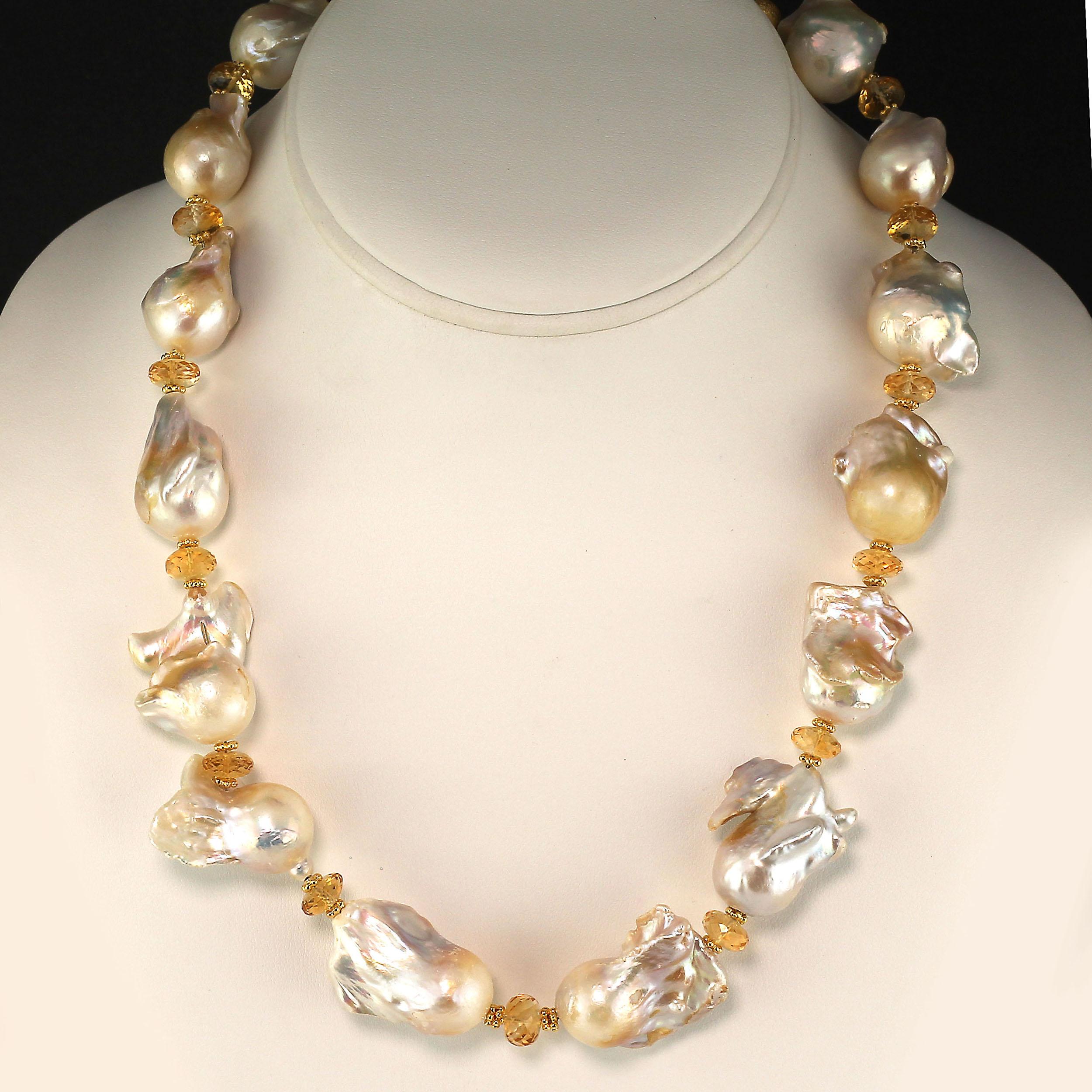 Artisan 20 Inch White Fireball Pearls  with Citrine & Gold Necklace June Birthstone