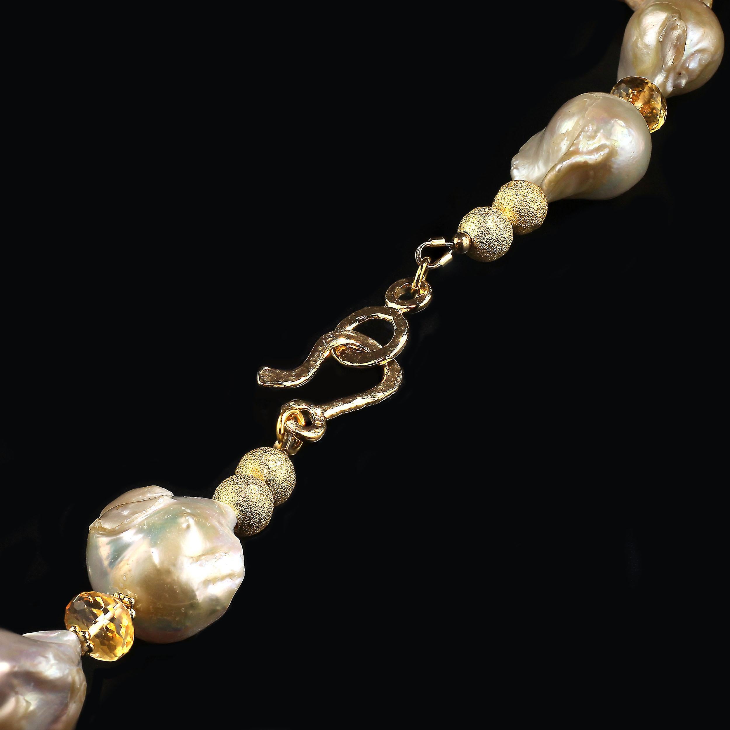 Bead 20 Inch White Fireball Pearls  with Citrine & Gold Necklace June Birthstone
