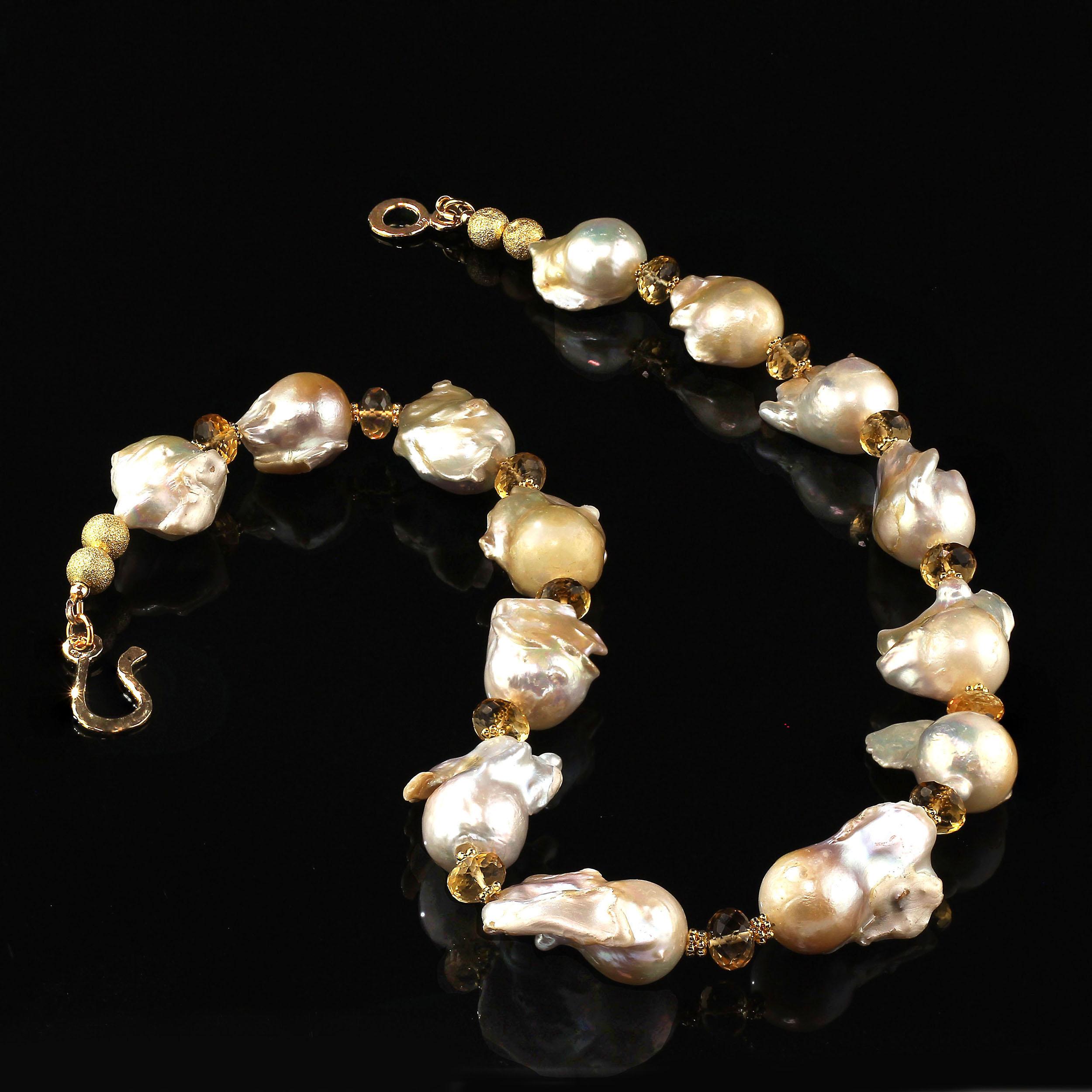 20 Inch White Fireball Pearls  with Citrine & Gold Necklace June Birthstone In New Condition In Raleigh, NC