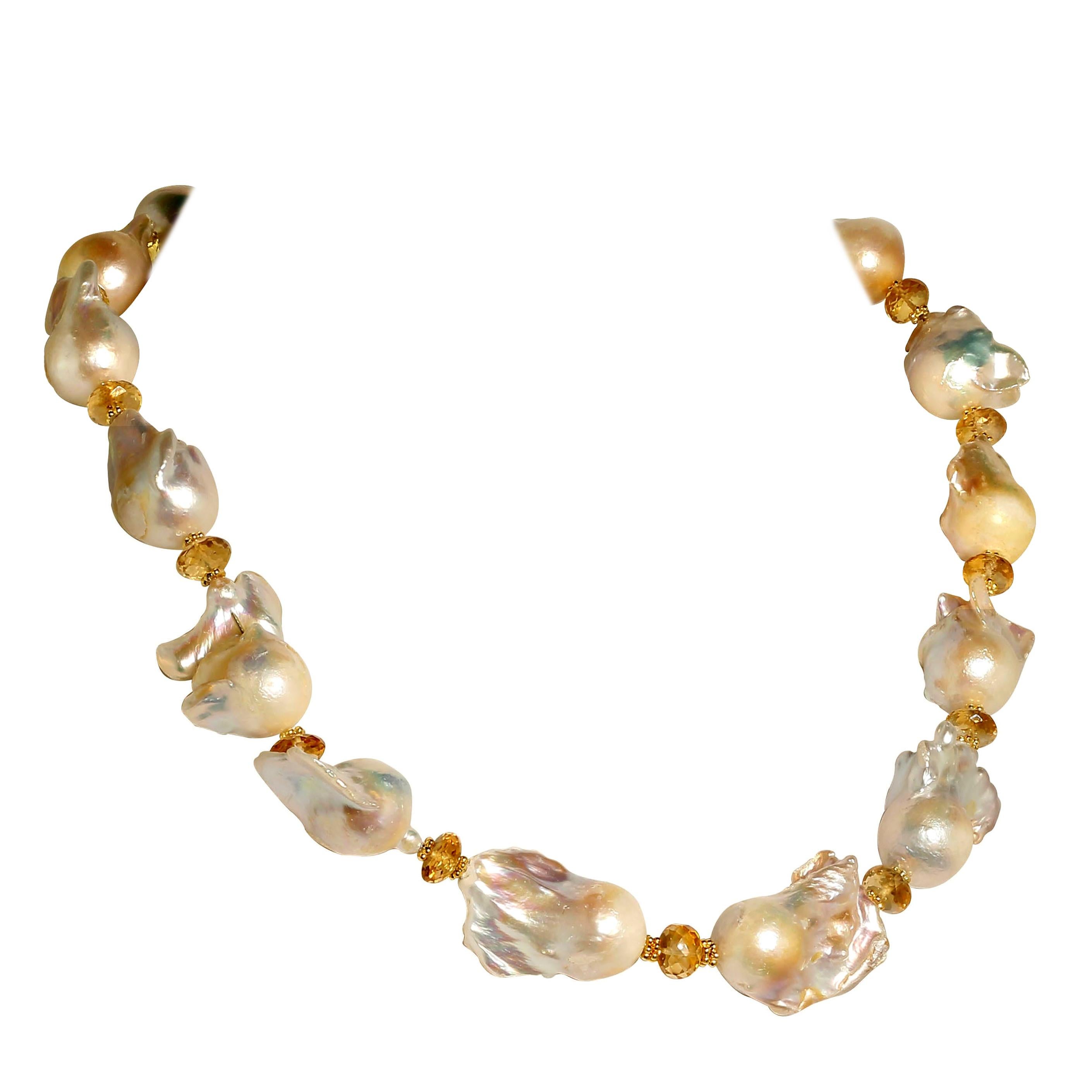 20 Inch White Fireball Pearls  with Citrine & Gold Necklace June Birthstone