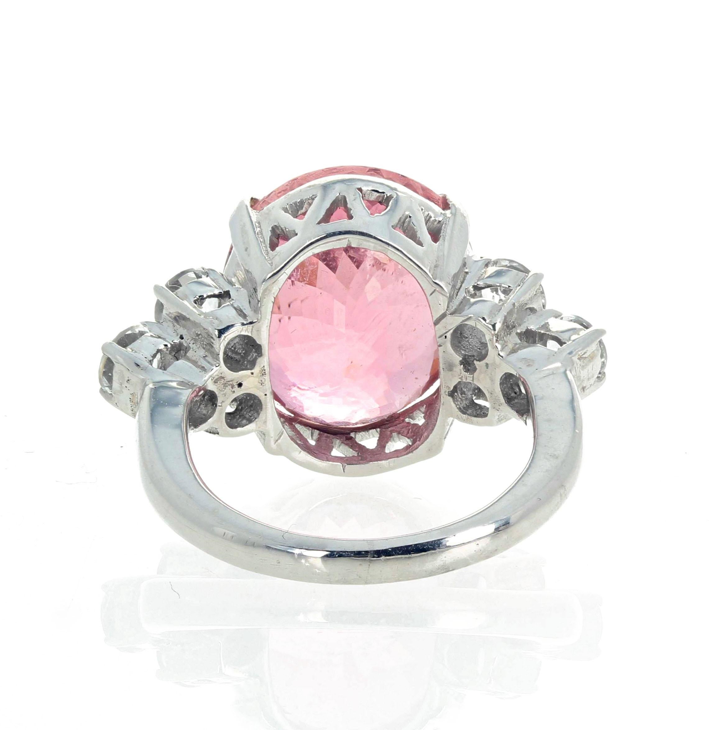 Oval Cut AJD CLEAR GORGEOUS 14.38 Ct Sparkling Pink Tourmaline & Real White Zircons Ring For Sale