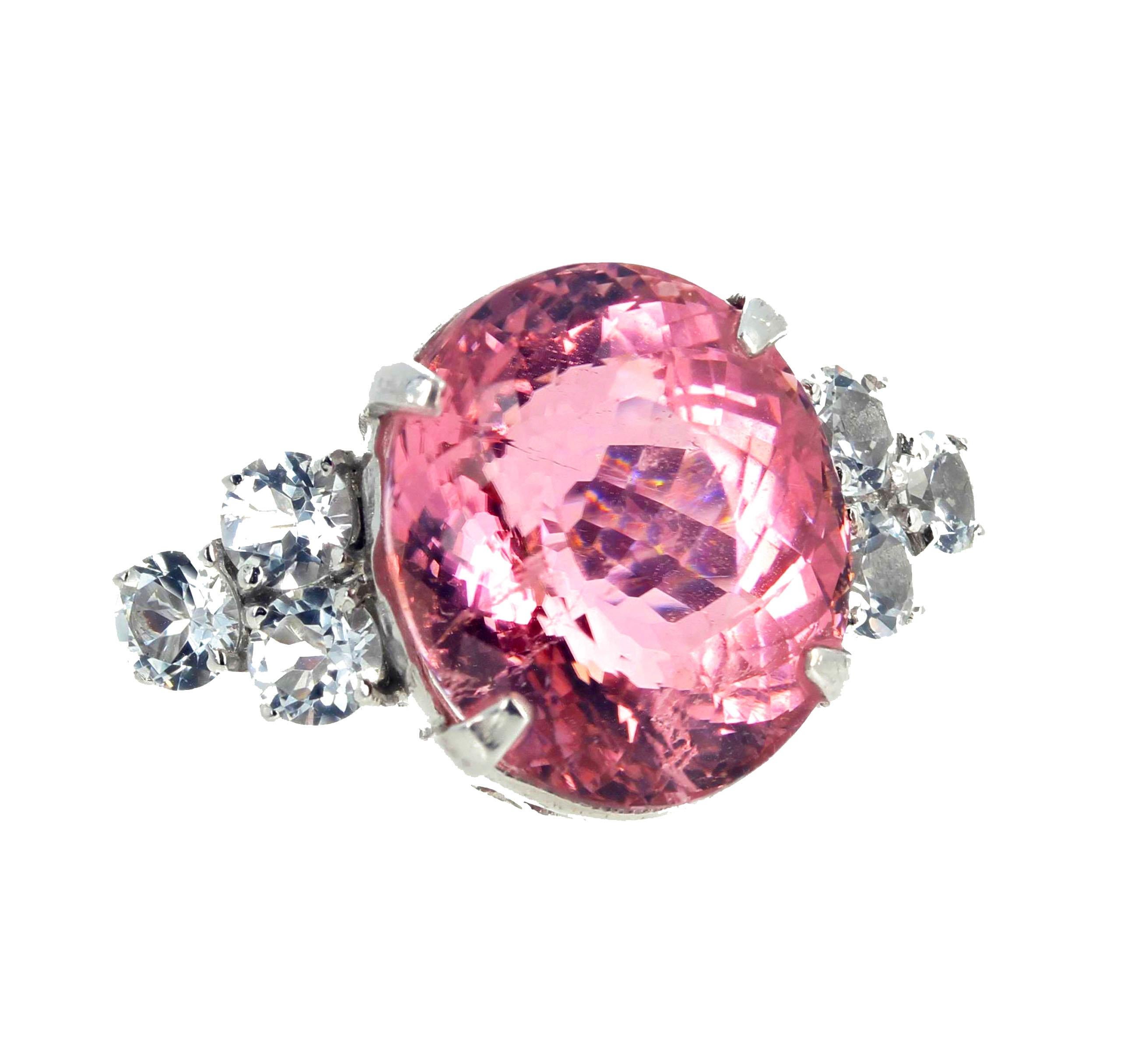 AJD CLEAR GORGEOUS 14.38 Ct Sparkling Pink Tourmaline & Real White Zircons Ring For Sale 1
