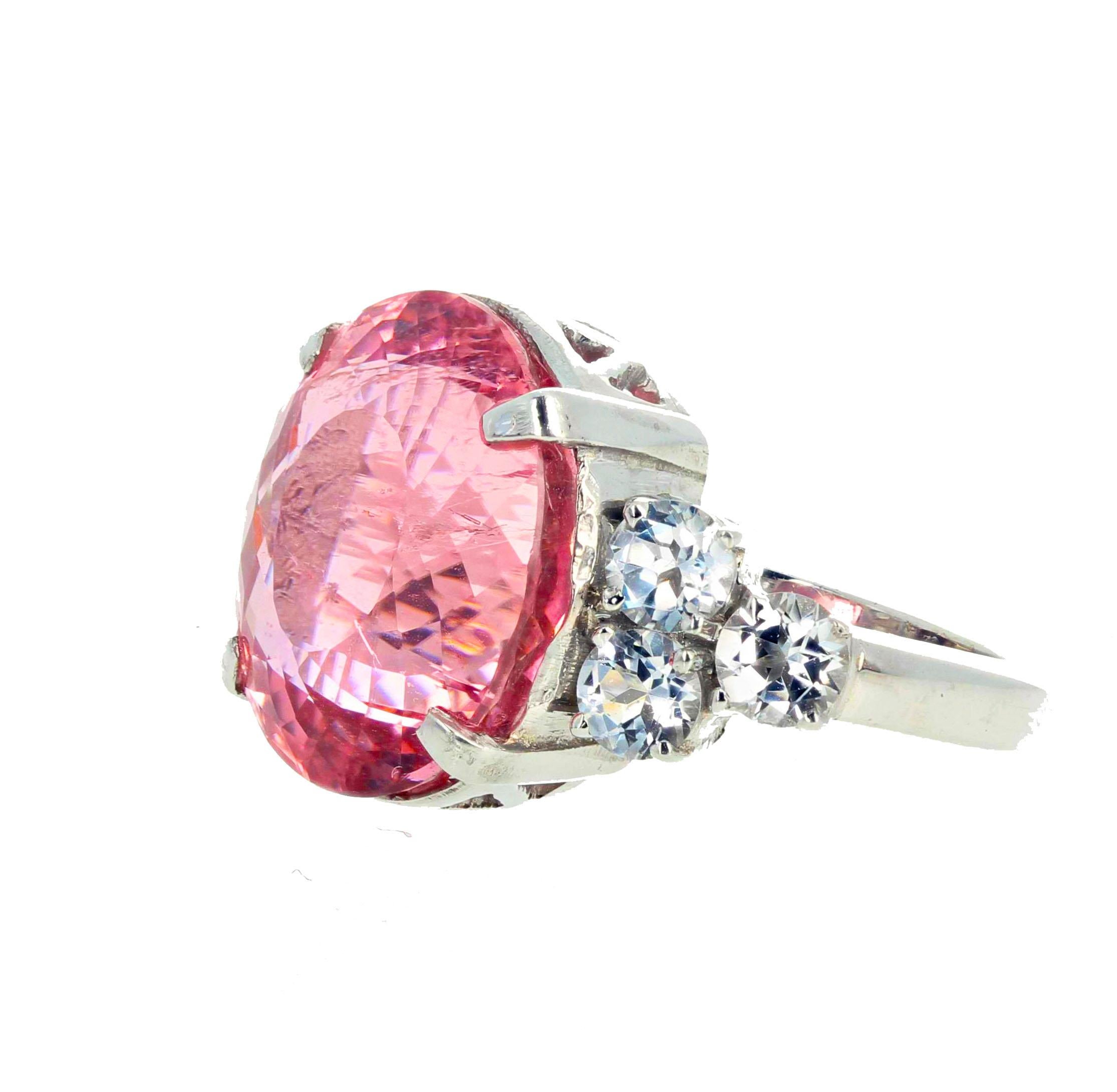 AJD CLEAR GORGEOUS 14.38 Ct Sparkling Pink Tourmaline & Real White Zircons Ring In New Condition For Sale In Raleigh, NC