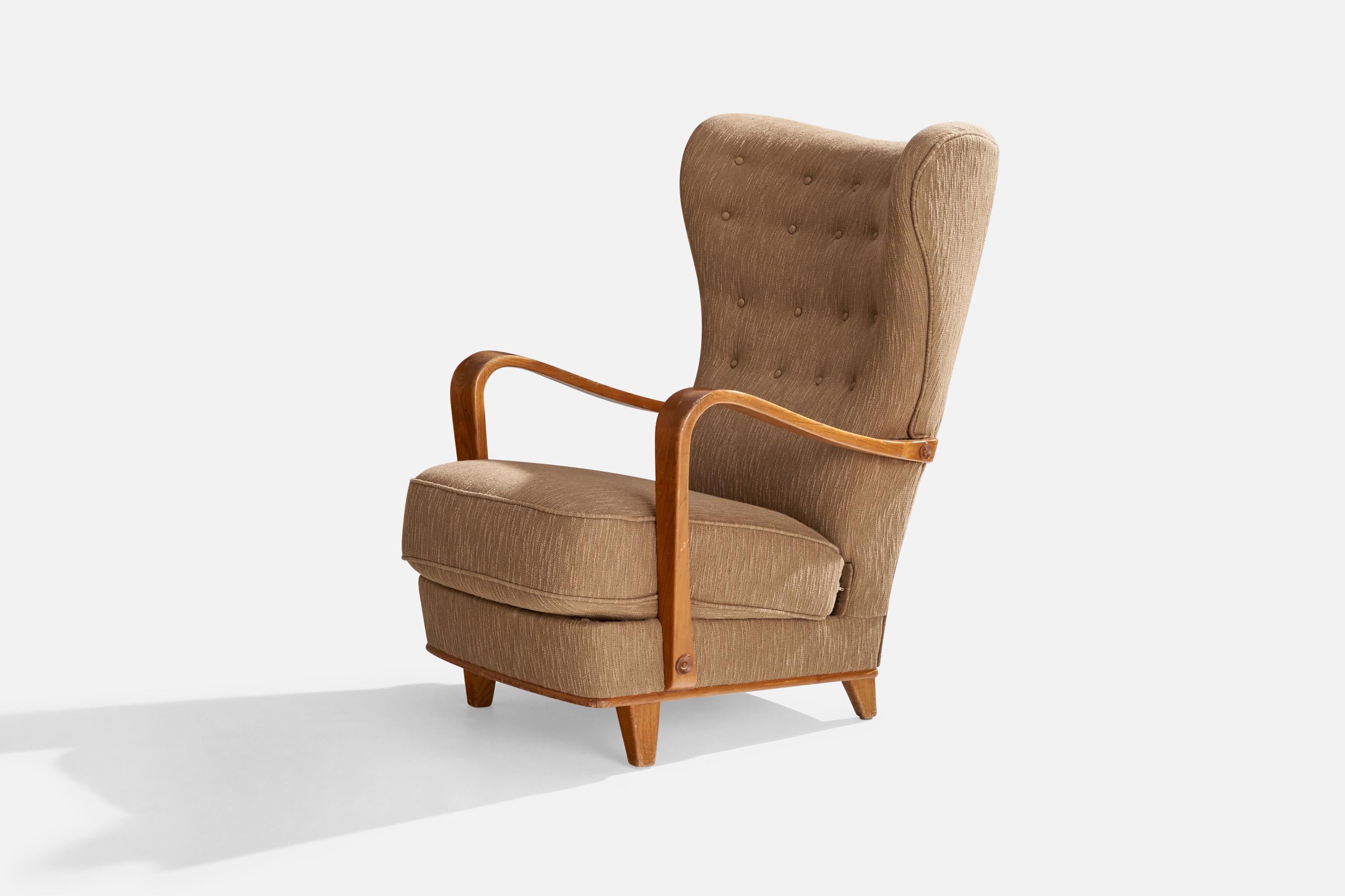 Scandinavian Modern Gemla Diö, Lounge Chair, Elm, Fabric, Sweden, 1940s For Sale