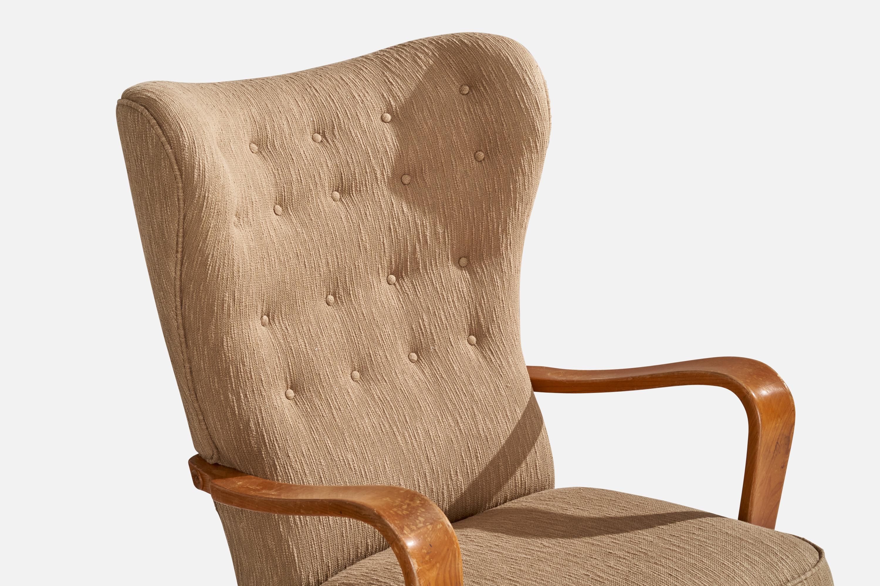 Mid-20th Century Gemla Diö, Lounge Chair, Elm, Fabric, Sweden, 1940s For Sale