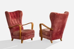Gemla, Lounge Chairs, Wood, Velvet, Sweden, 1940s
