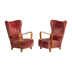Gemla, Lounge Chairs, Wood, Velvet, Sweden, 1940s