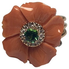 Gemlok 18 Karat Rose Gold Carved Coral, Green Tourmaline and Diamond Ring
