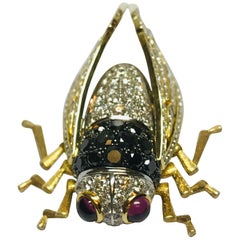 Gemlok 18 Karat White and Yellow Gold, Black and White Diamond Cicada Brooch