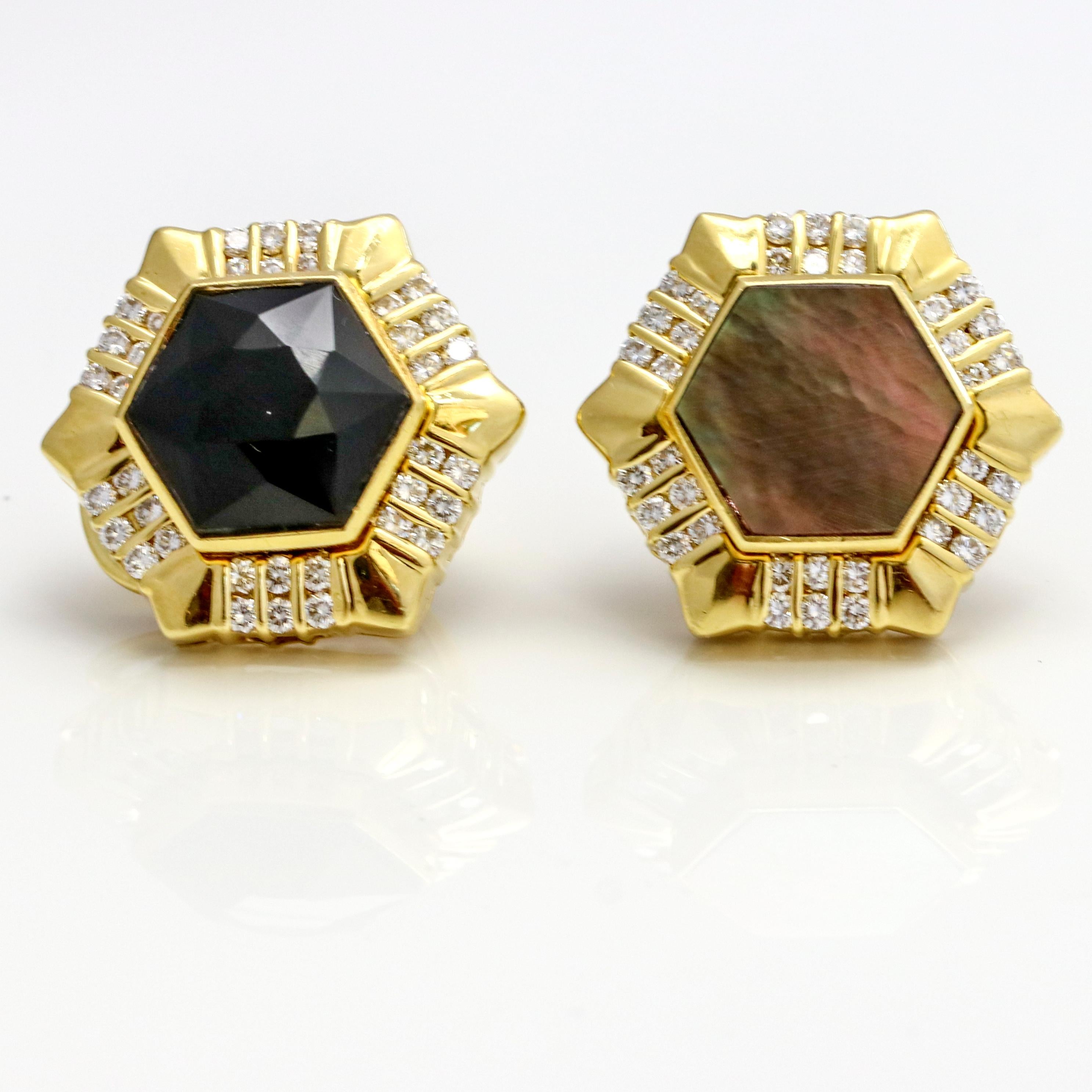 Round Cut Gemlok 18K Gold Black Onyx Mother of Pearl Exchangeable Gemstone Stud Earrings For Sale