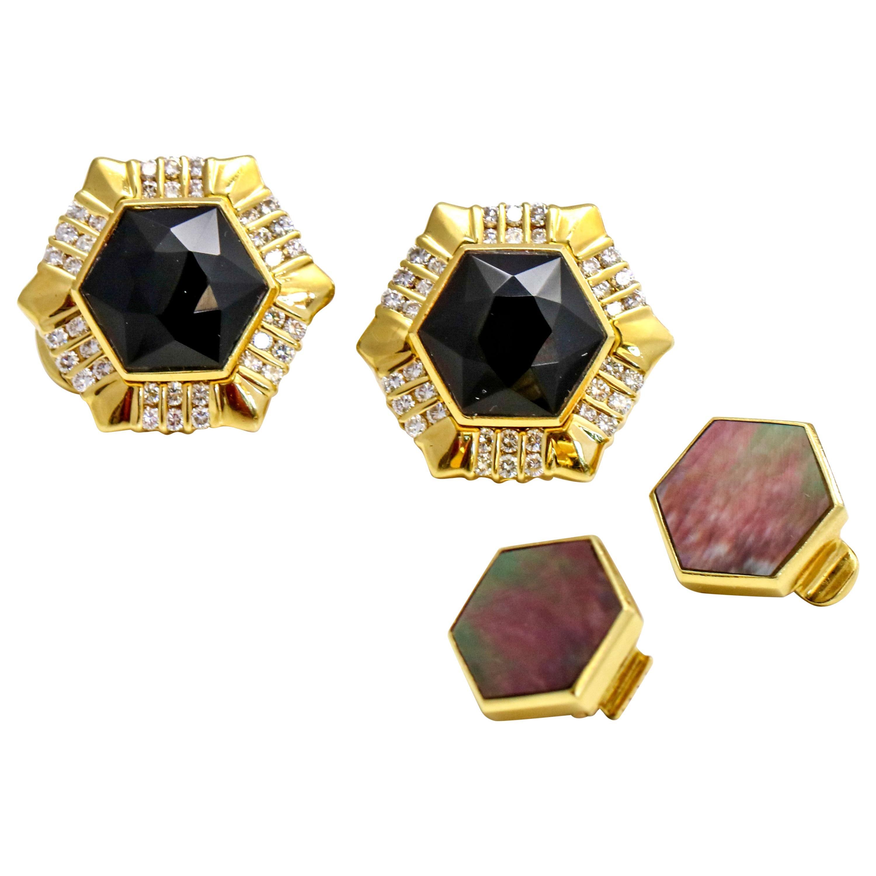 Gemlok 18K Gold Black Onyx Mother of Pearl Exchangeable Gemstone Stud Earrings For Sale