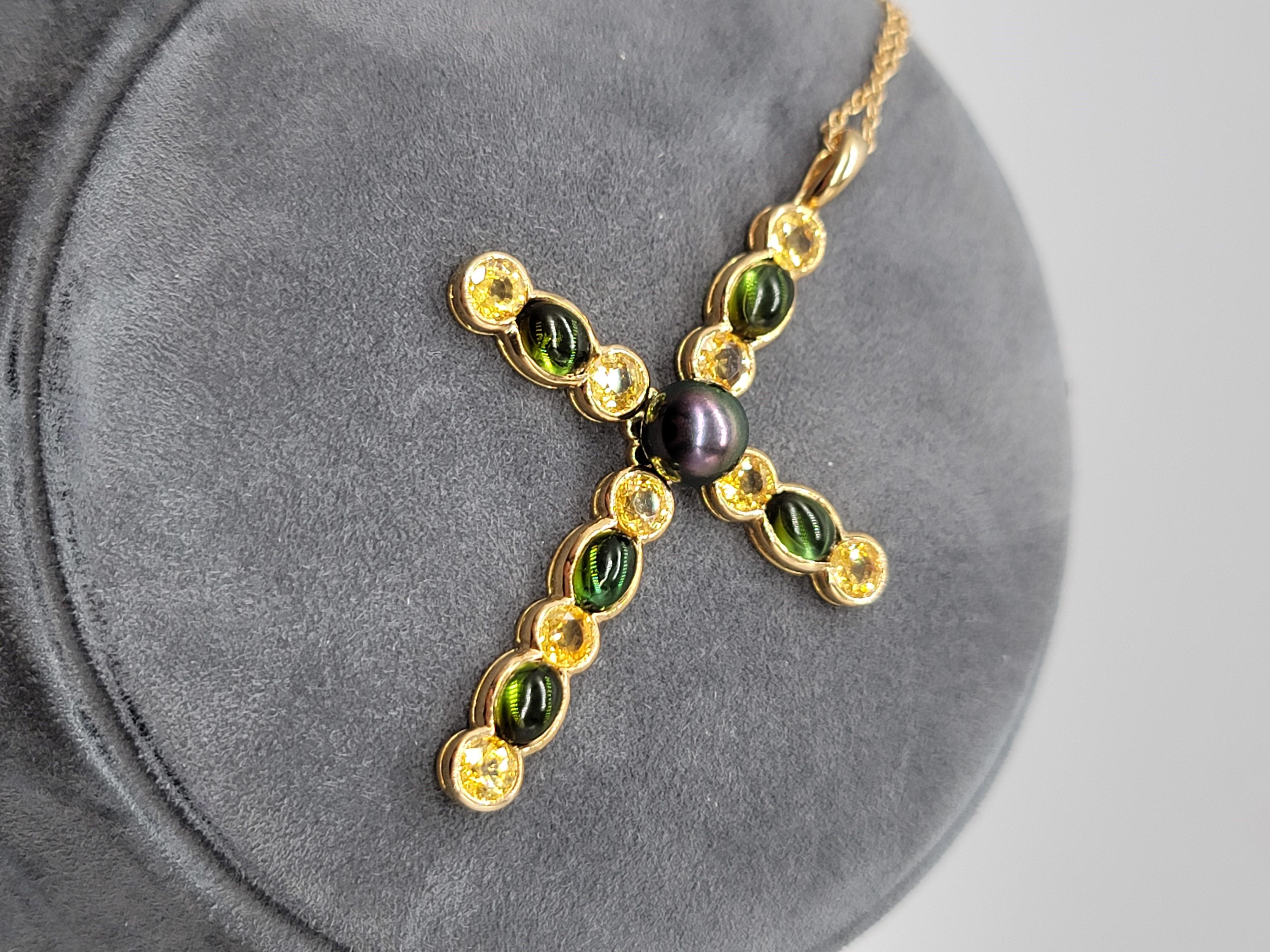 Gemlok 18K Gold Cabochon Green Tourmaline & Yellow Sapphire Cross w Black Pearl In New Condition For Sale In New York, NY