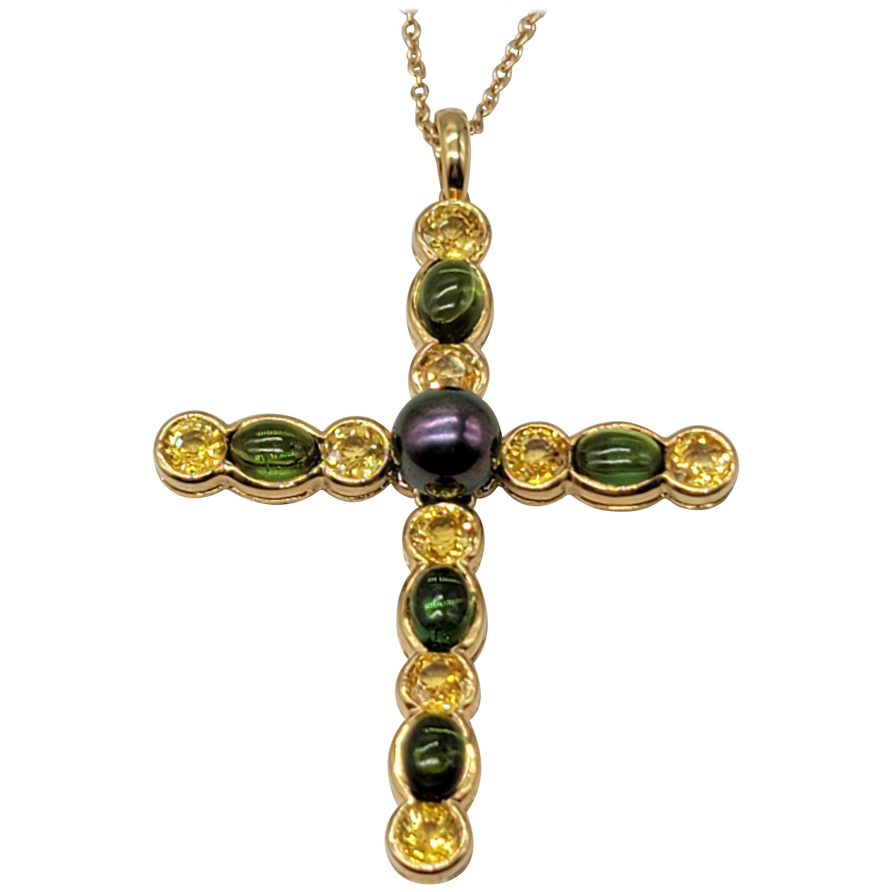 Gemlok 18K Gold Cabochon Green Tourmaline & Yellow Sapphire Cross w Black Pearl For Sale