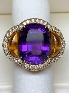 18 Karat Oval Amethyst and Cabochon Citrine and Diamond Ring