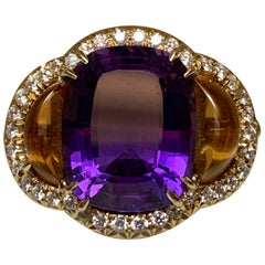 18 Karat Oval Amethyst and Cabochon Citrine and Diamond Ring