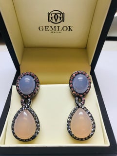 18 Karat Pink and Blue Chalcedony and Pink and Blue Sapphire Earrings