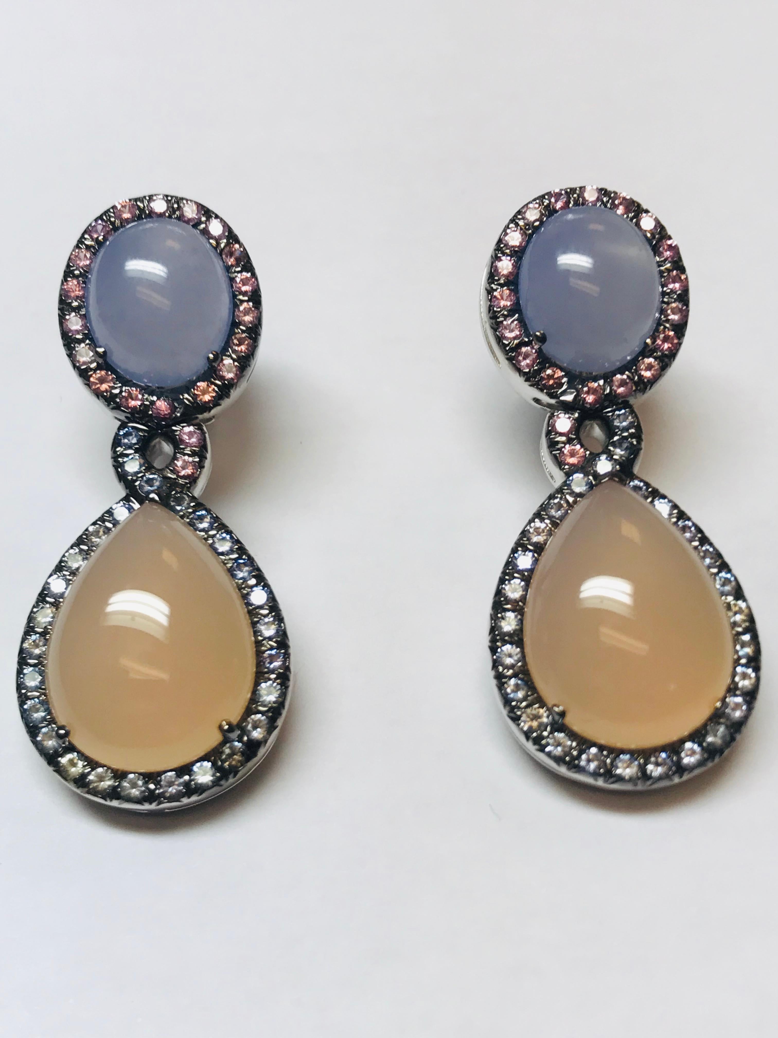 Cabochon 18 Karat Pink and Blue Chalcedony and Pink and Blue Sapphire Earrings For Sale