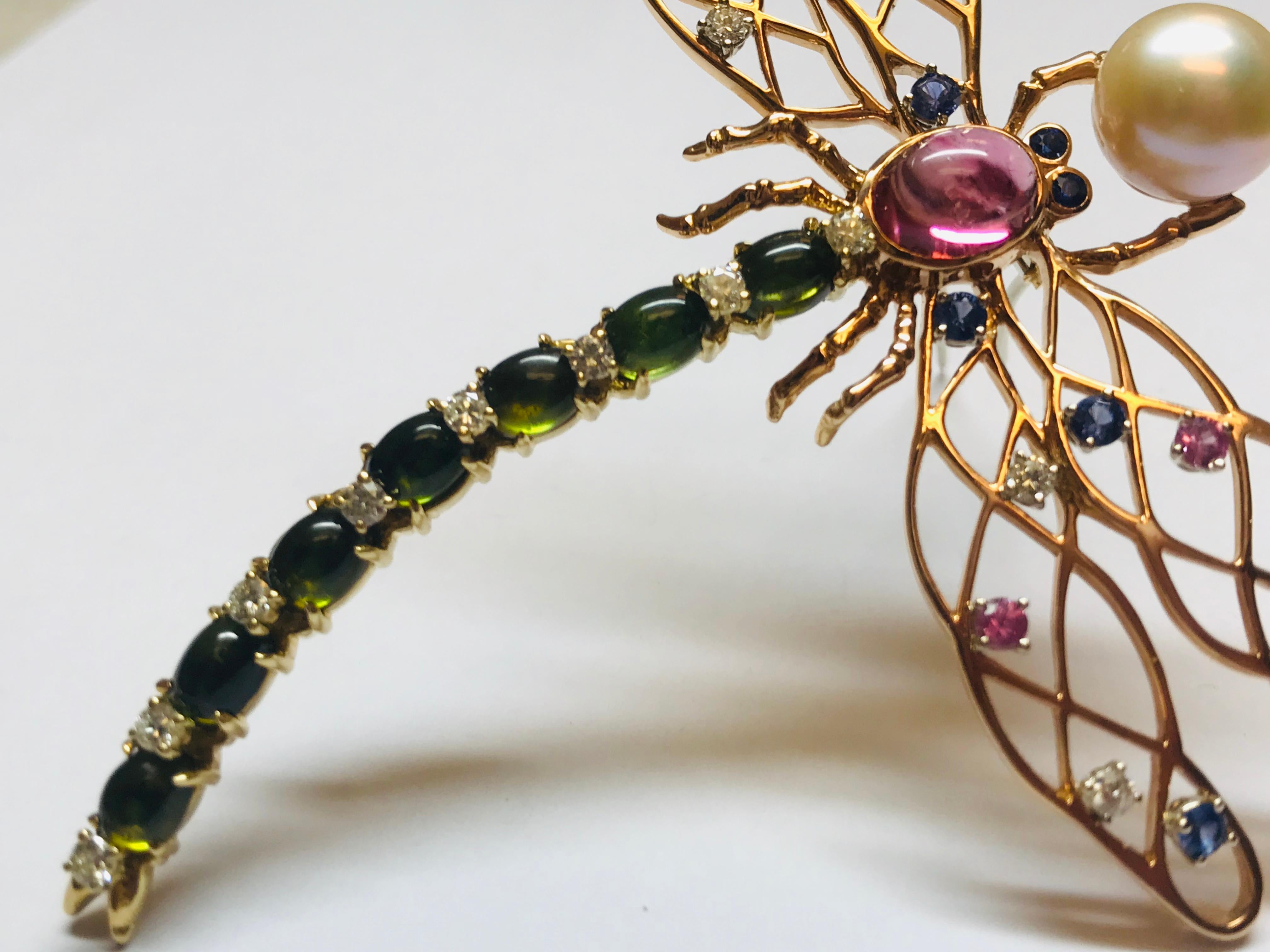 Modern 18 Karat Pink & Yellow gold Dragonfly with Multicolored Sapphires & Tourmalines For Sale