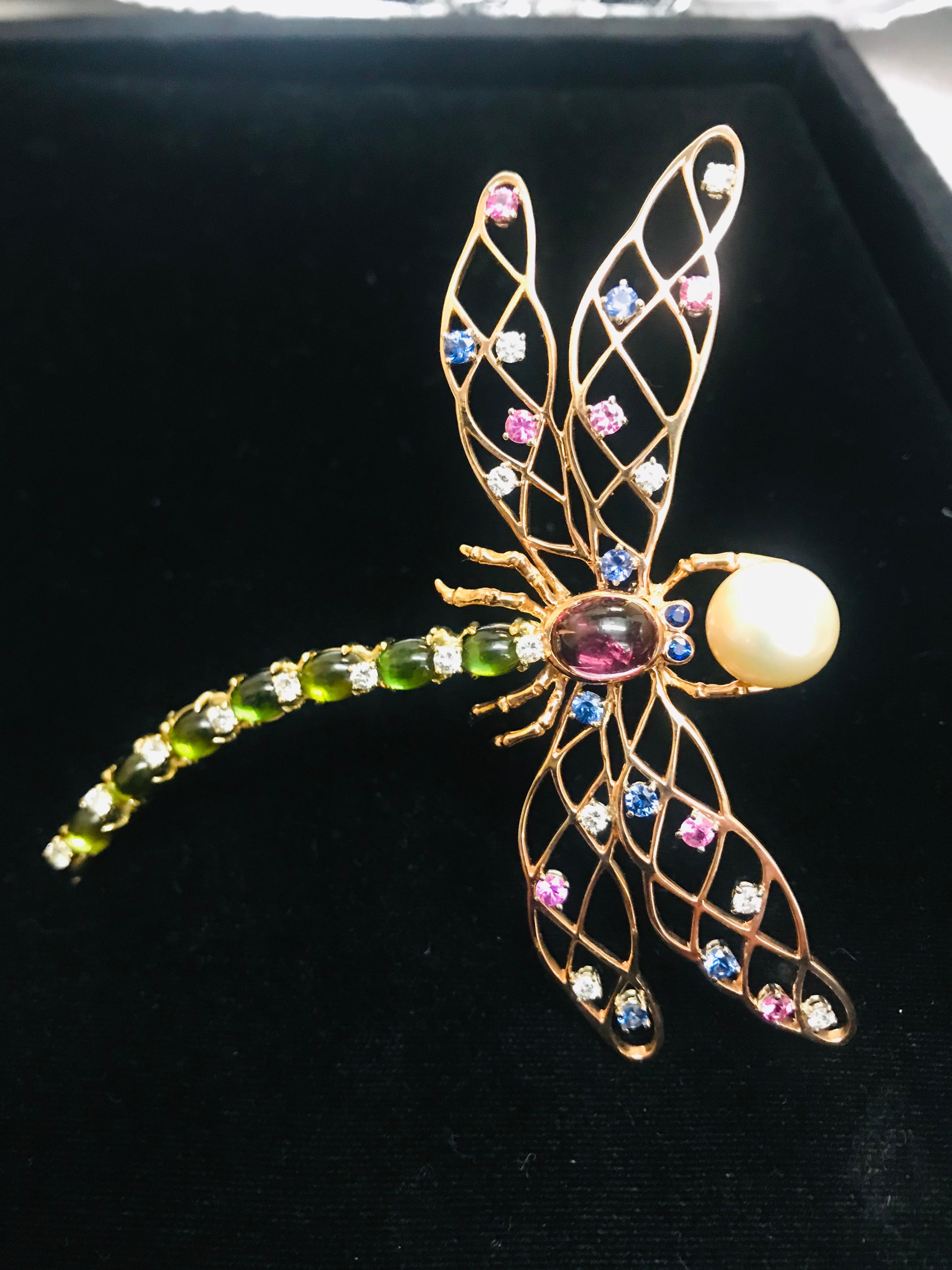 Brilliant Cut 18 Karat Pink & Yellow gold Dragonfly with Multicolored Sapphires & Tourmalines For Sale