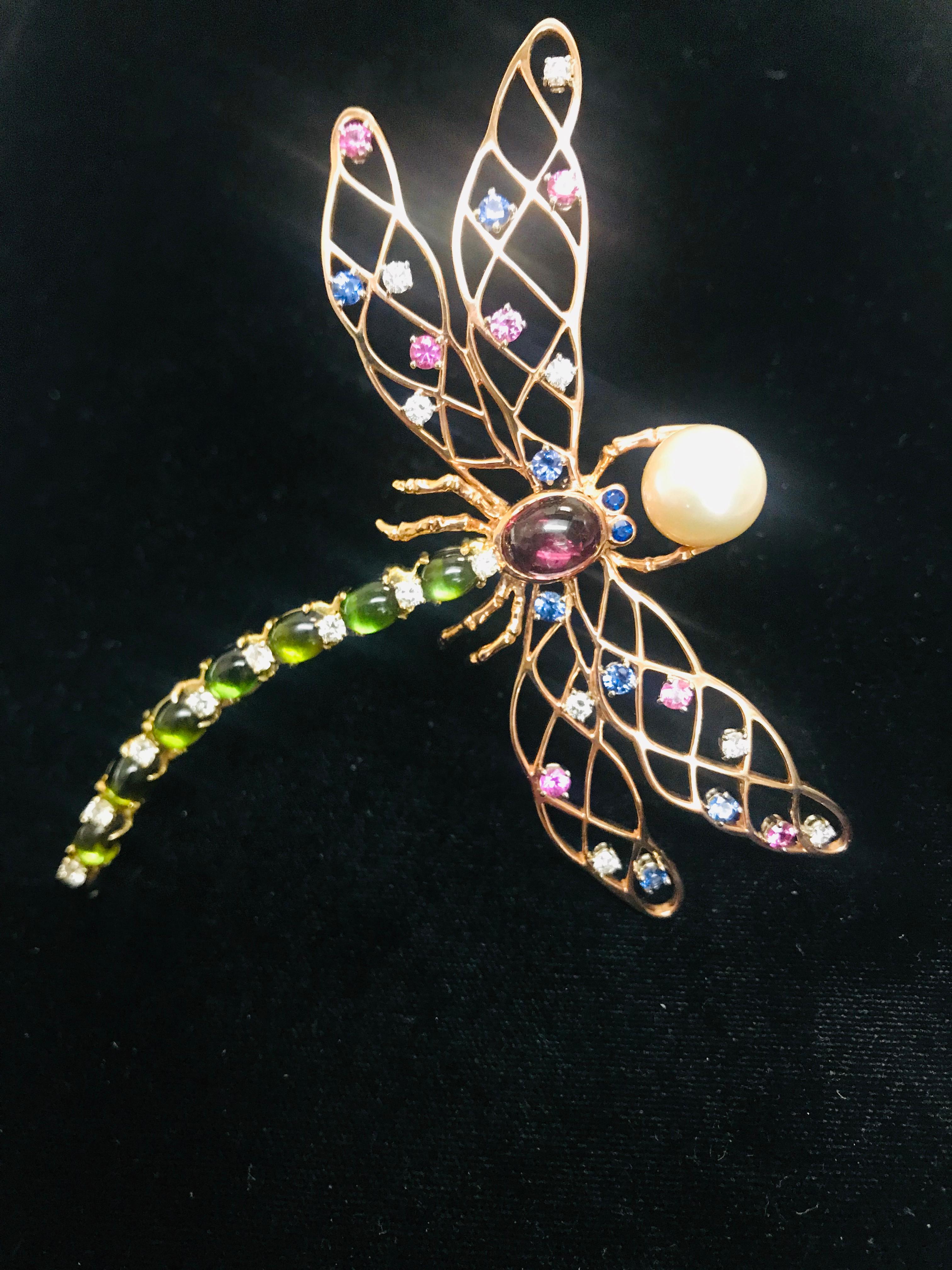 18 Karat Pink & Yellow gold Dragonfly with Multicolored Sapphires & Tourmalines In New Condition For Sale In New York, NY