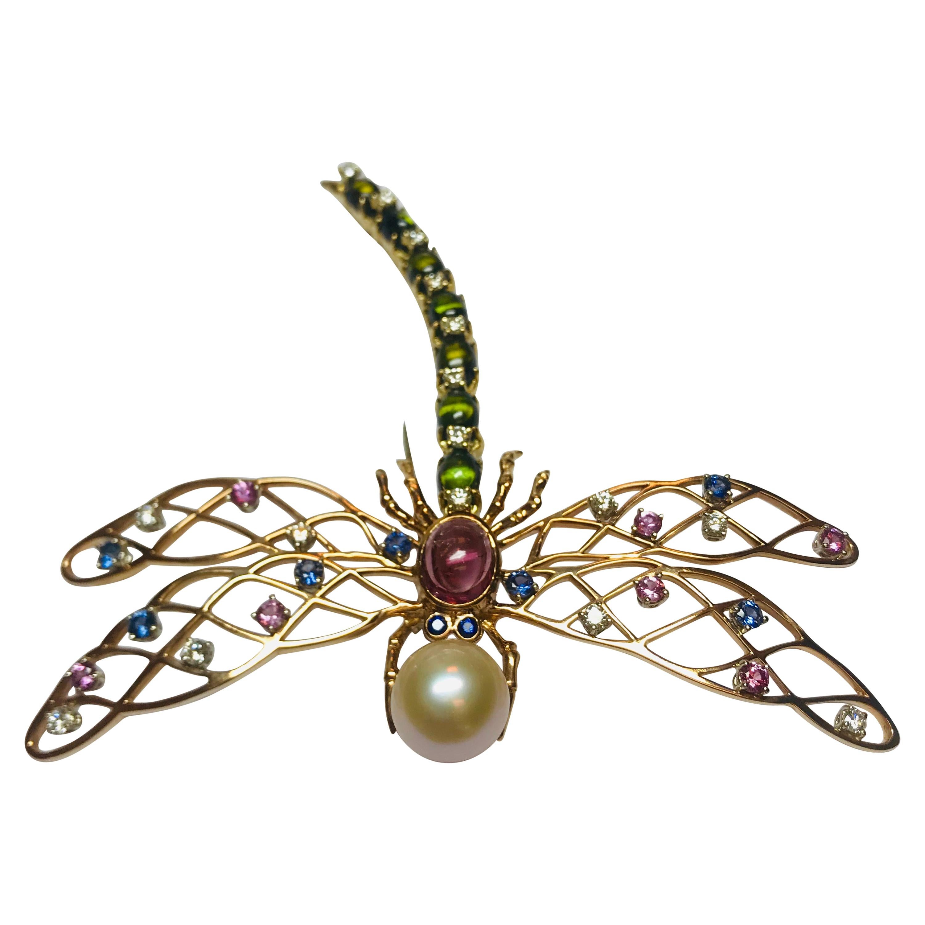 18 Karat Pink & Yellow gold Dragonfly with Multicolored Sapphires & Tourmalines For Sale